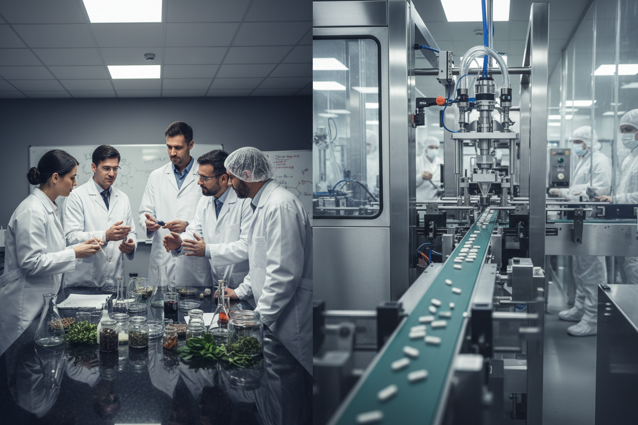 NutraWell New Arrivals Food Supplement collection with scientists researching natural ingredients and automated tablet production