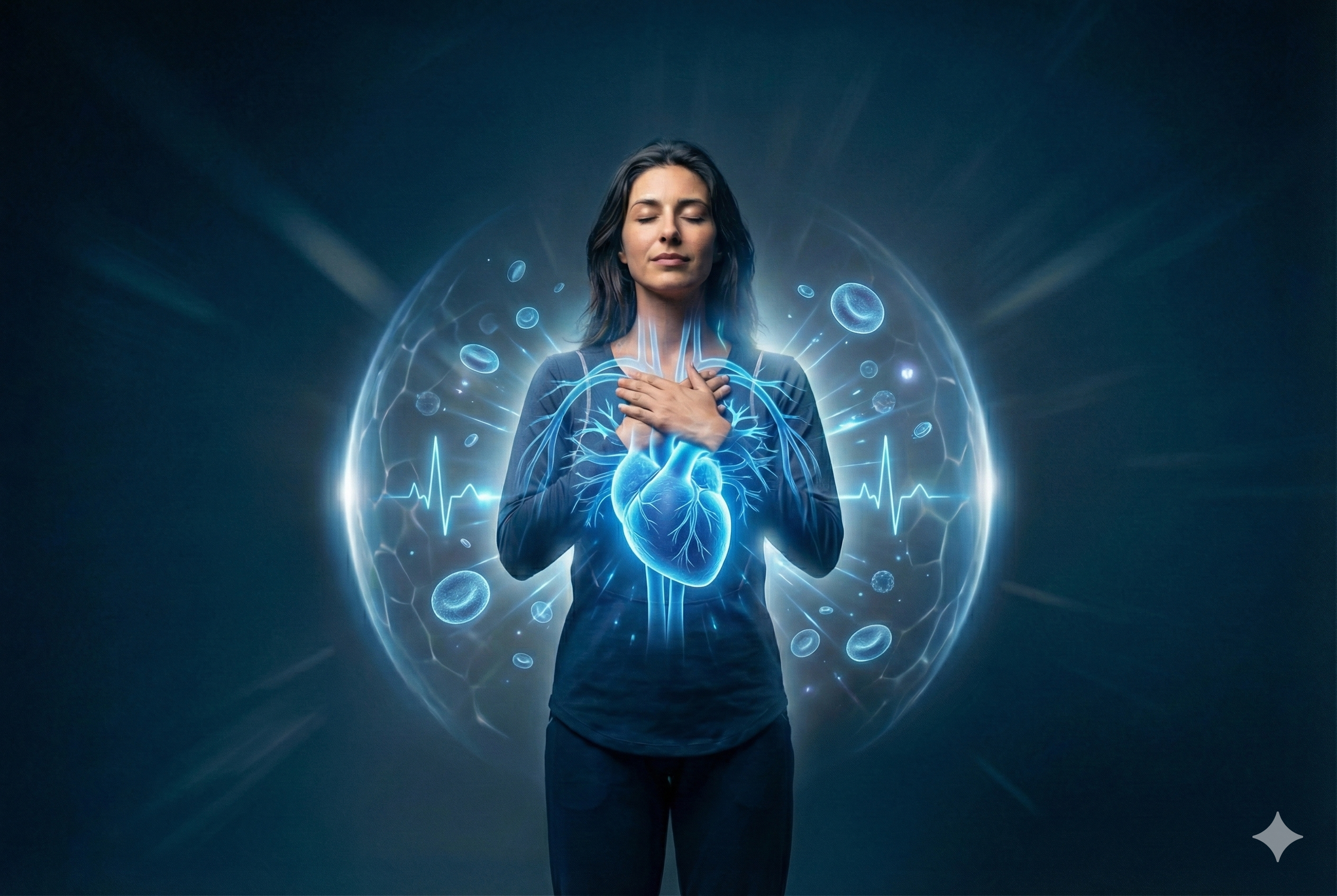 Woman with hands on heart surrounded by glowing heart and blood cells graphic for Heart supplement category