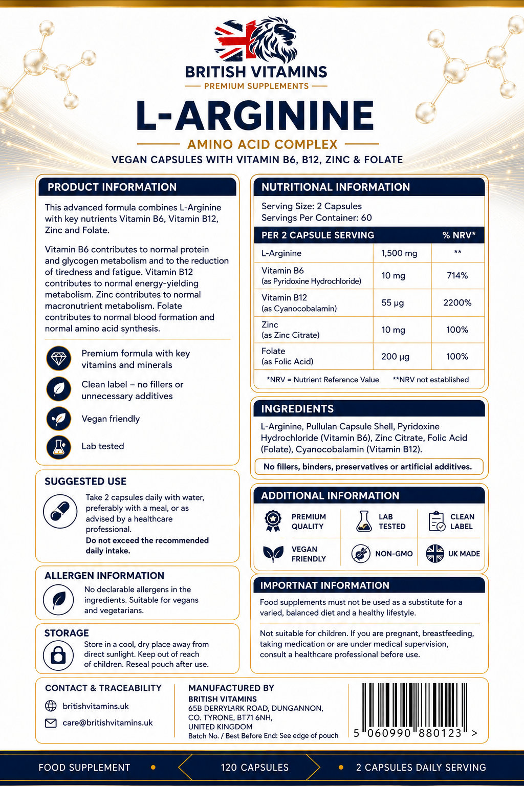 L-Arginine 1500mg + B6, B12, Zinc & Folate | British Vitamins