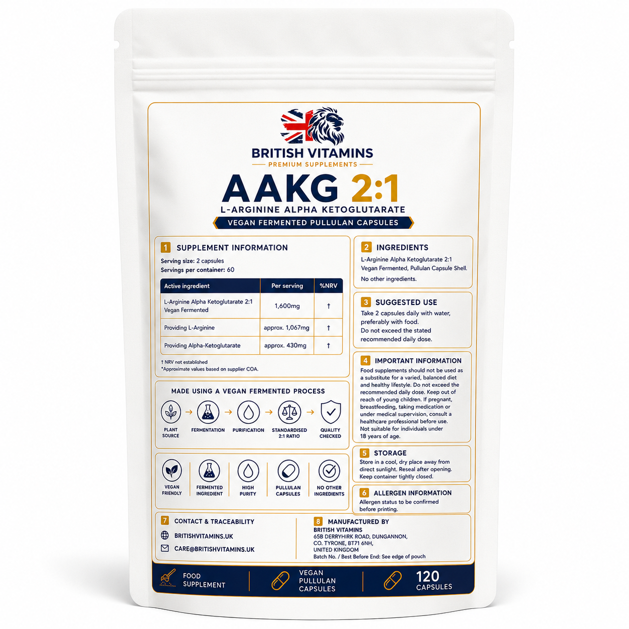 AAKG 2:1 Vegan Fermented Pullulan Capsules – 120 Capsules