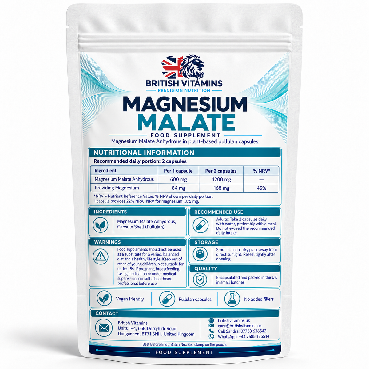 Magnesium Malate – back pouch, 168 mg magnesium per 2 capsules
