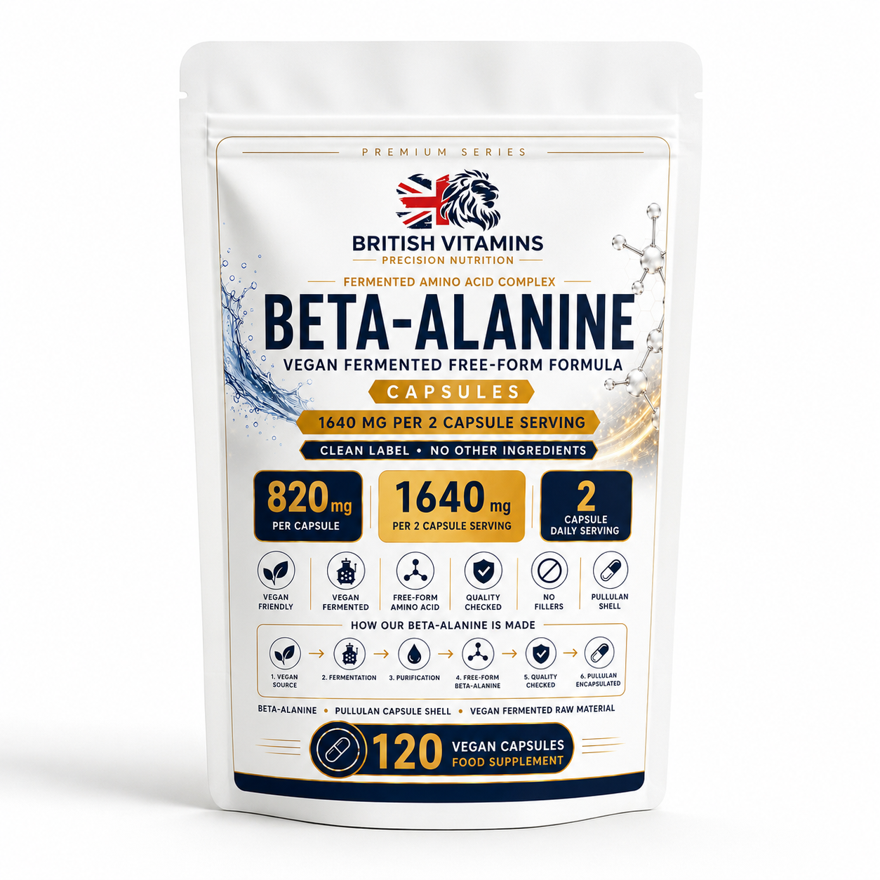 Beta-Alanine 1640 mg — Vegan Fermented Free-Form Amino Acid Capsules — Clean Label — 120 Vegan Capsules