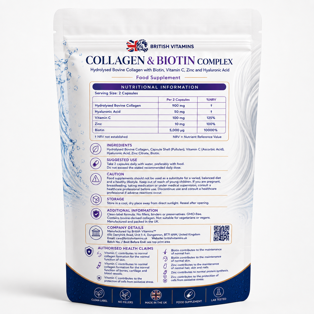 Collagen & Biotin Complex – Bovine Collagen, Vitamin C, Zinc & Hyaluronic Acid – 120 Capsules
