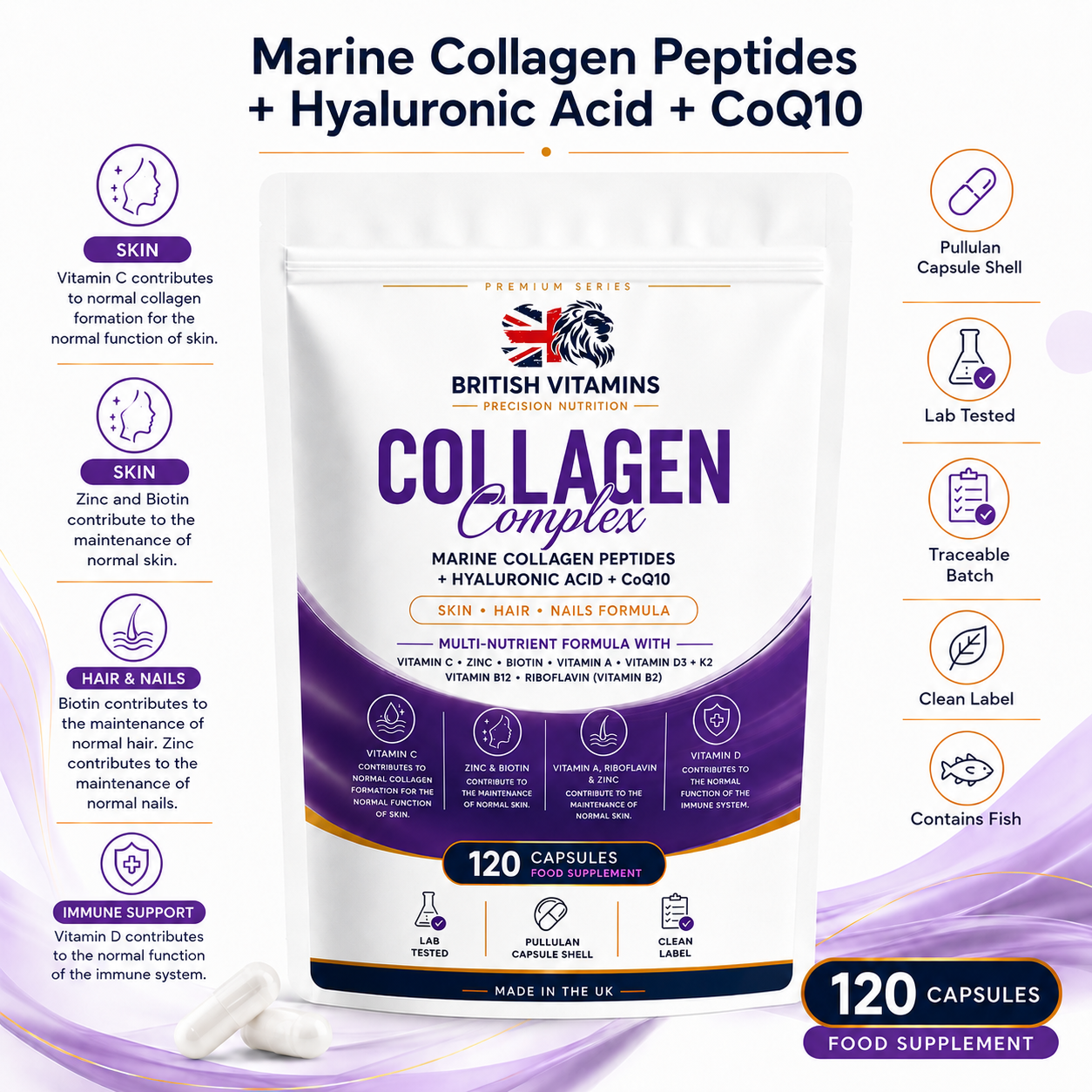 Collagen Marine,Hyaluronic Acid, CoQ10 & Multivitamins – A, C, D3, E, K2, B2, B12, Biotin, Zinc