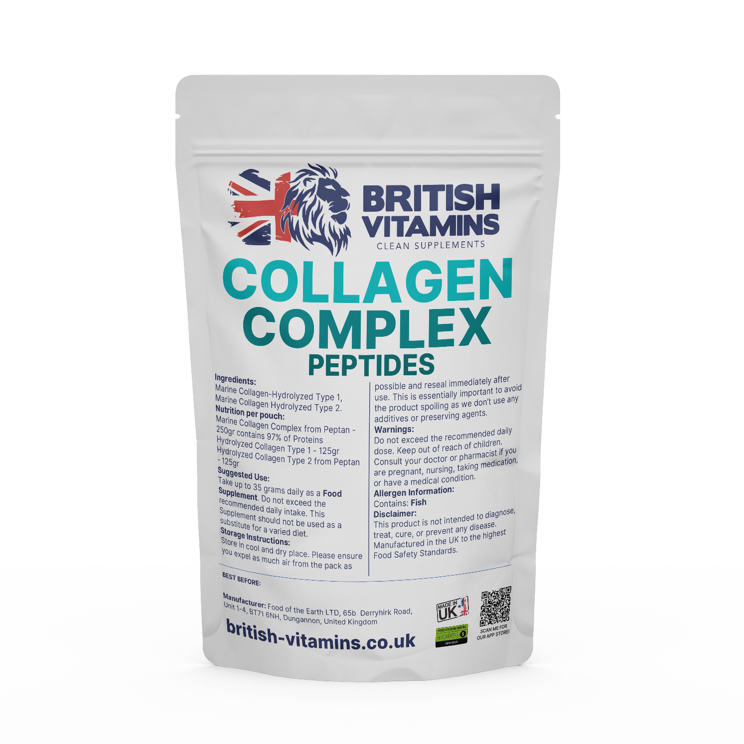 Package of British Vitamins Collagen Complex Peptides on a white No Fillers