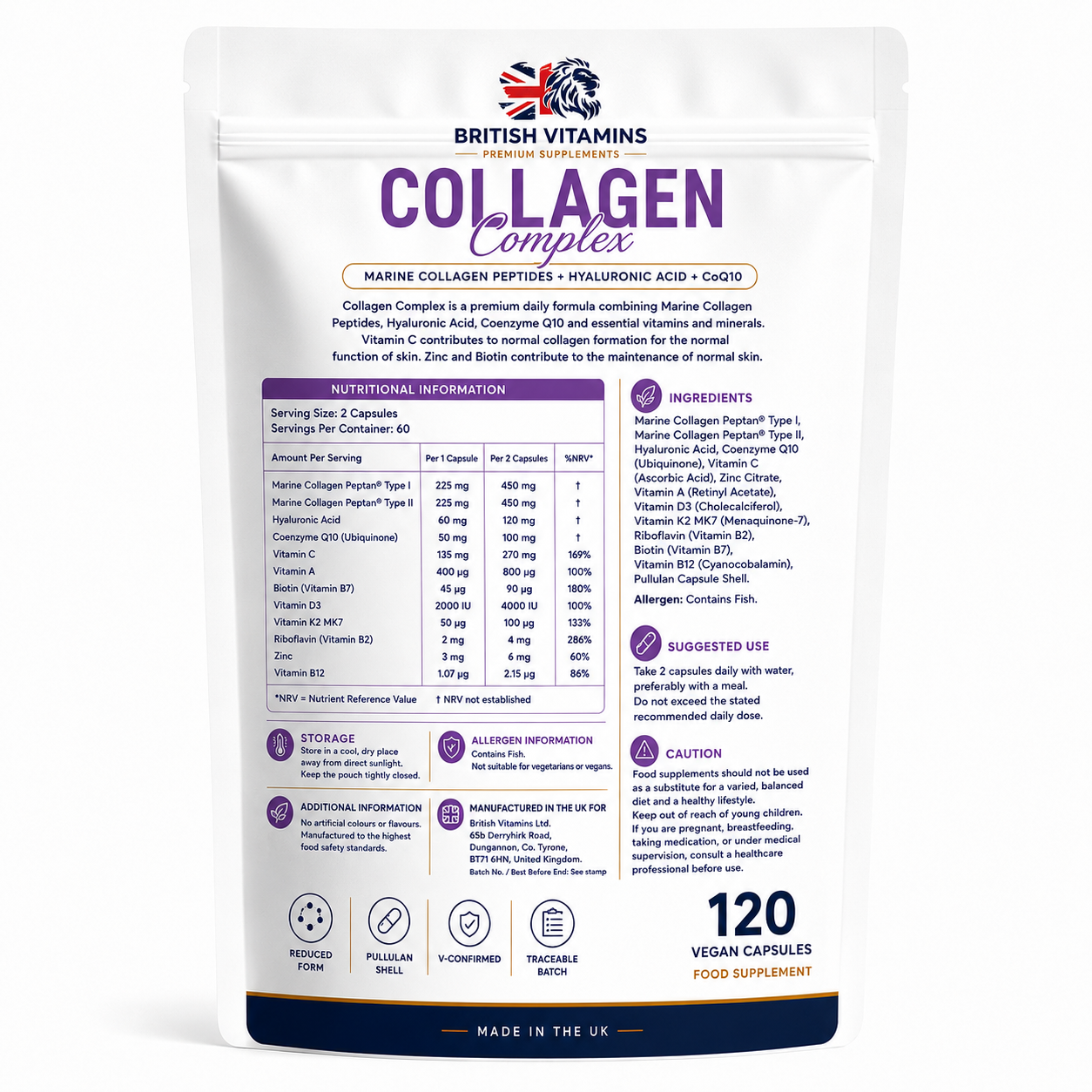 Collagen Marine,Hyaluronic Acid, CoQ10 & Multivitamins – A, C, D3, E, K2, B2, B12, Biotin, Zinc