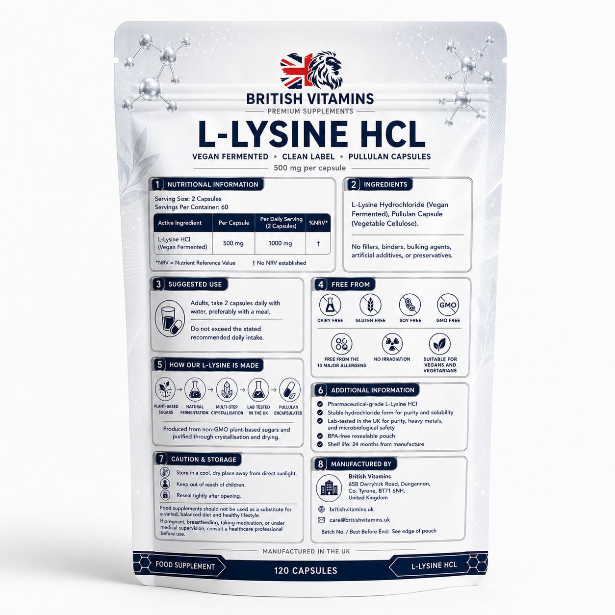 L-Lysine HCl 500mg Vegan Fermented Capsules - 120 Capsules