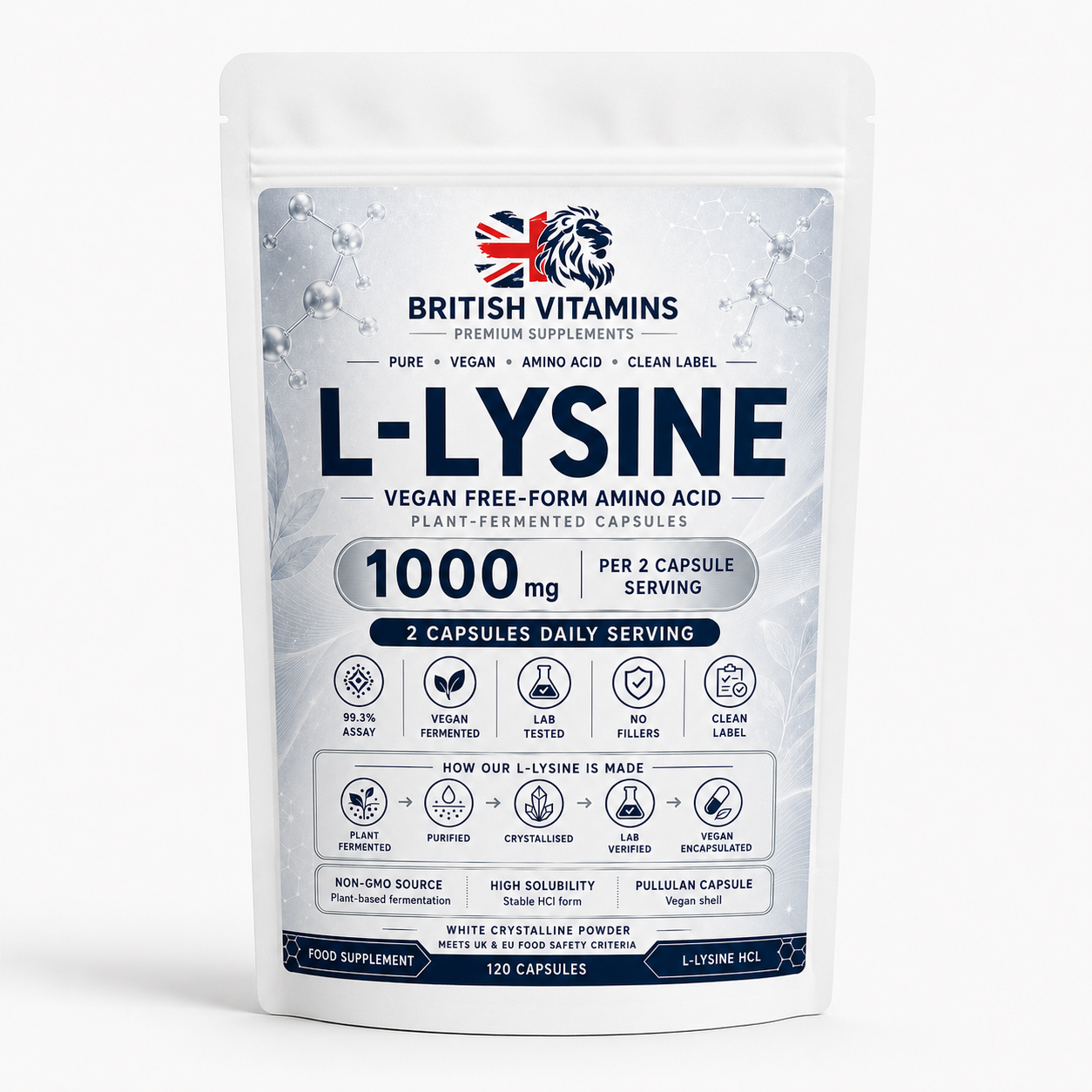 L-Lysine HCl 500mg Vegan Fermented Capsules - 120 Capsules
