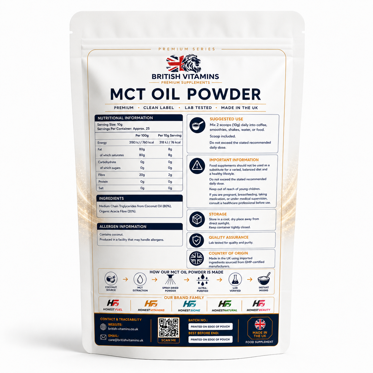 MCT Oil Powder Medium Chain Triglycerides from 100% Coconut Oil Clean-Label 250g