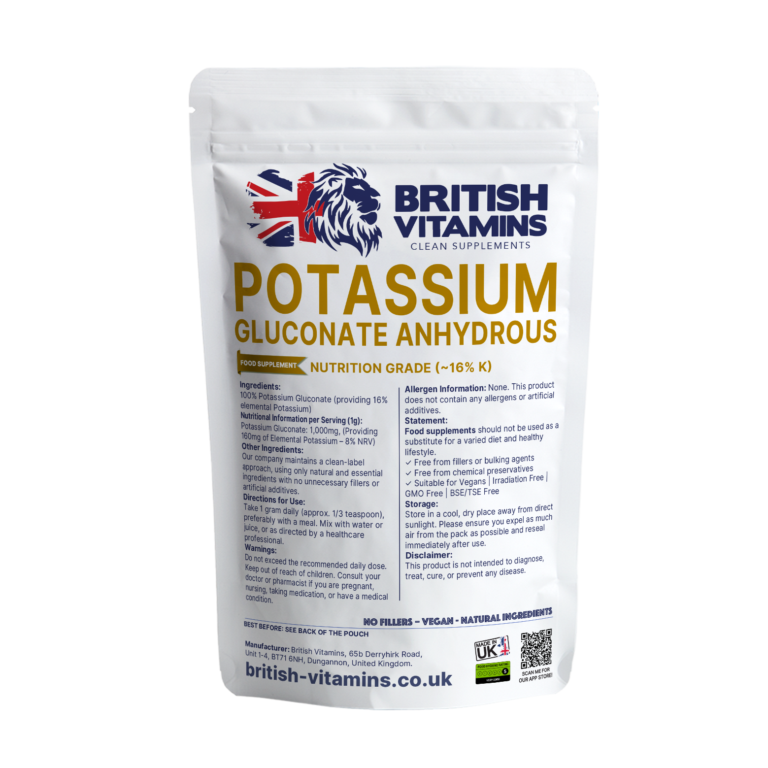 British Vitamins Potassium Gluconate Anhydrous food supplement pouch Nutrition Grade natural ingredients