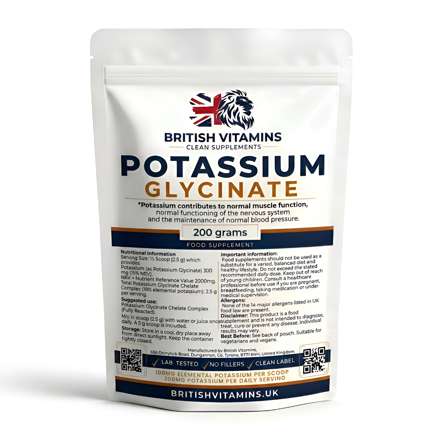 Packaging of British Vitamins Potassium Glycinate on a white background