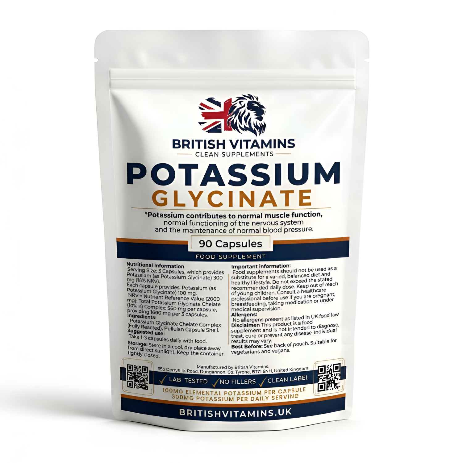 Packaging of British Vitamins Potassium Glycinate capsules on a white background