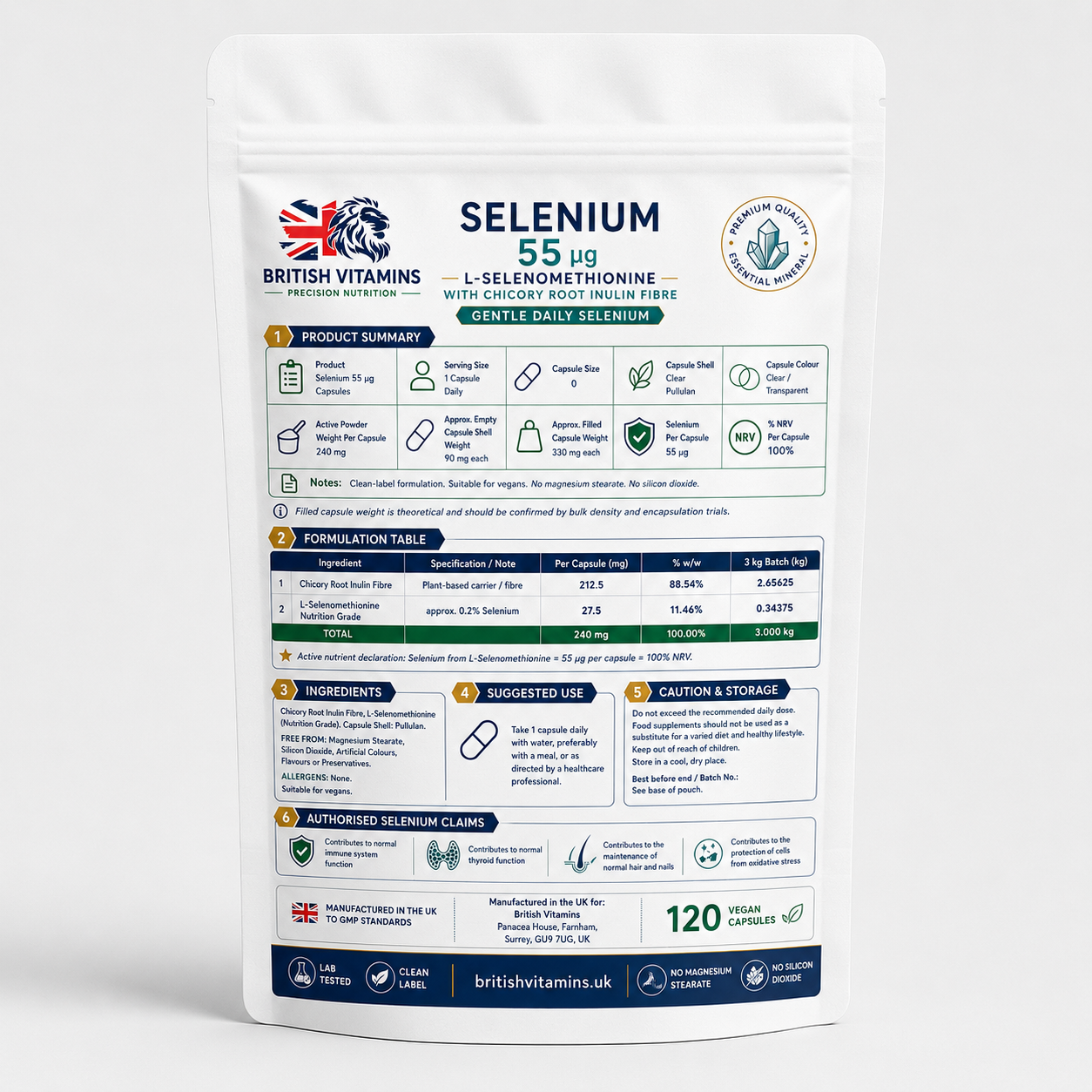 Selenium 55µg 100% NRV Capsules – L-Selenomethionine with Chicory Root Inulin Fibre