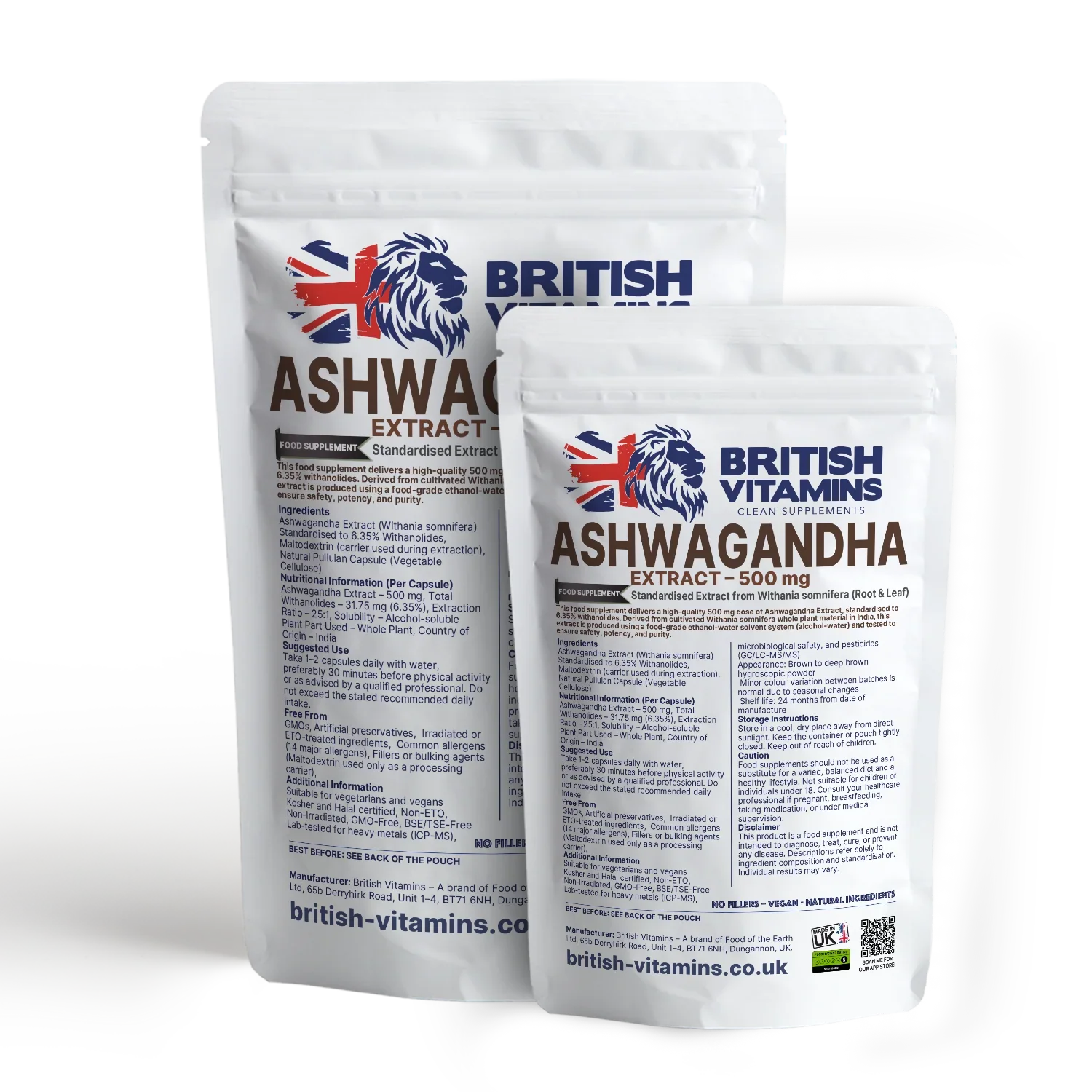 British Vitamins Ashwagandha Extract 500mg capsules food supplement pouch from natural supplements collection