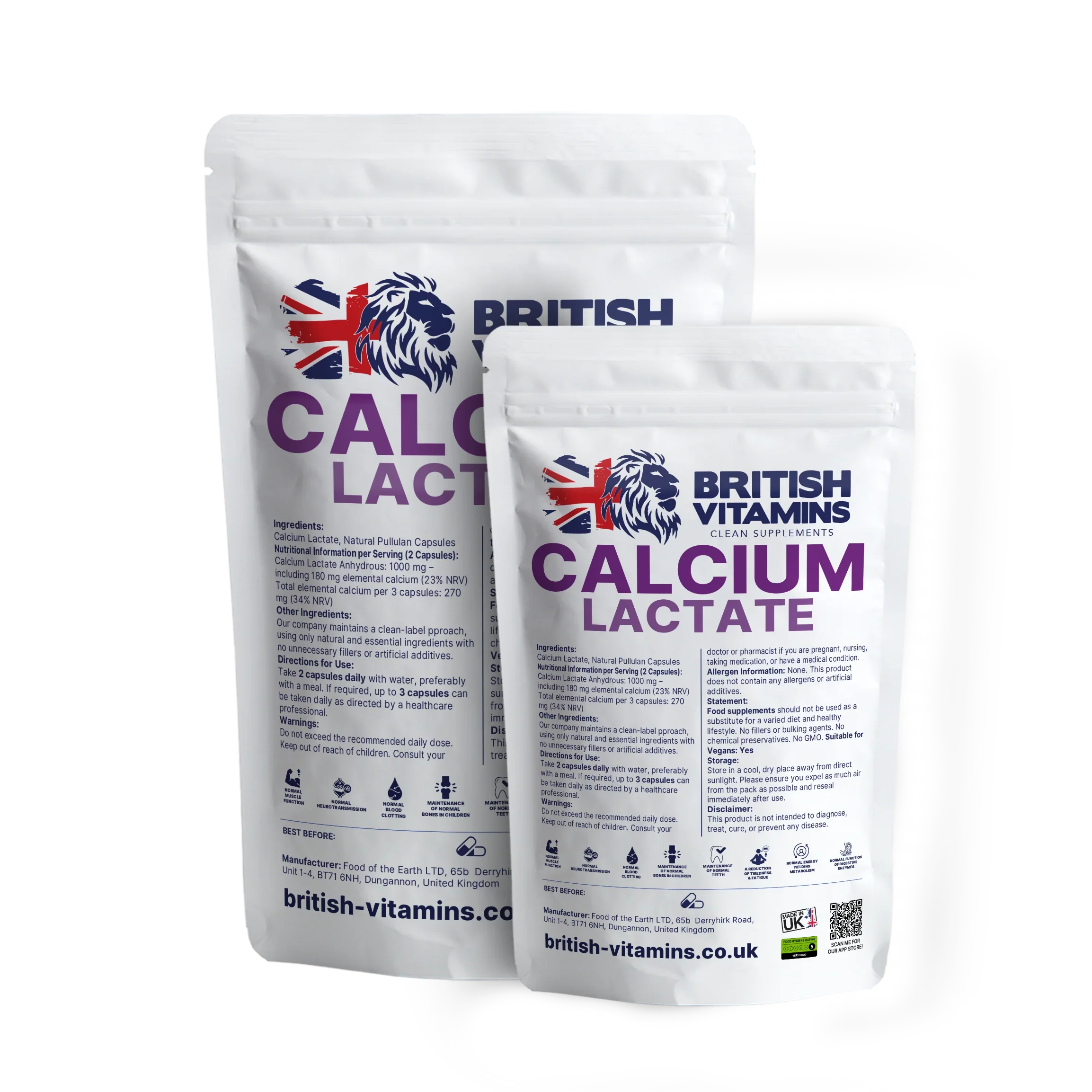 Calcium Lactate 1000mg 180mg Elemental Calcium Clean-Label British Vitamins