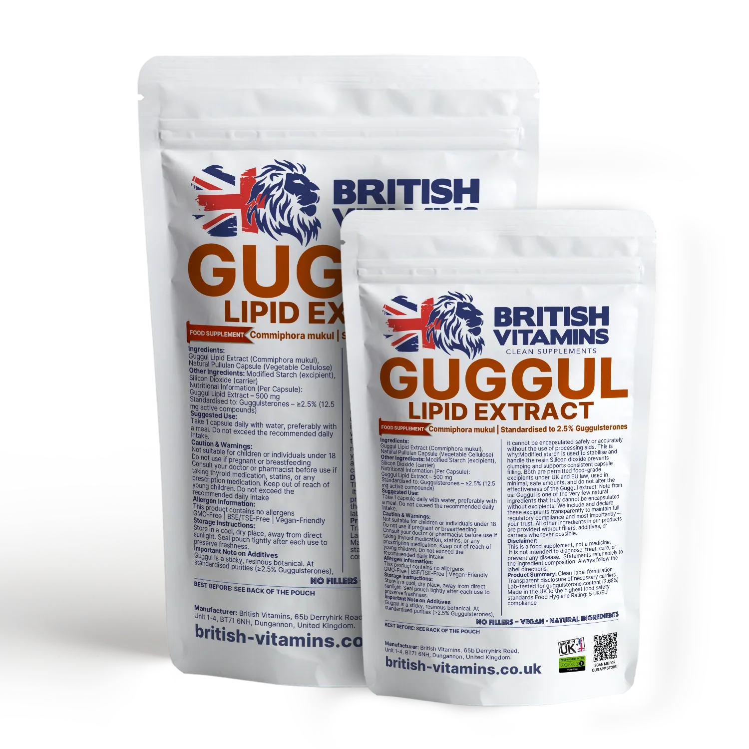 British Vitamins Guggul Lipid Extract food supplement capsules in white resealable pouches, natural ingredients