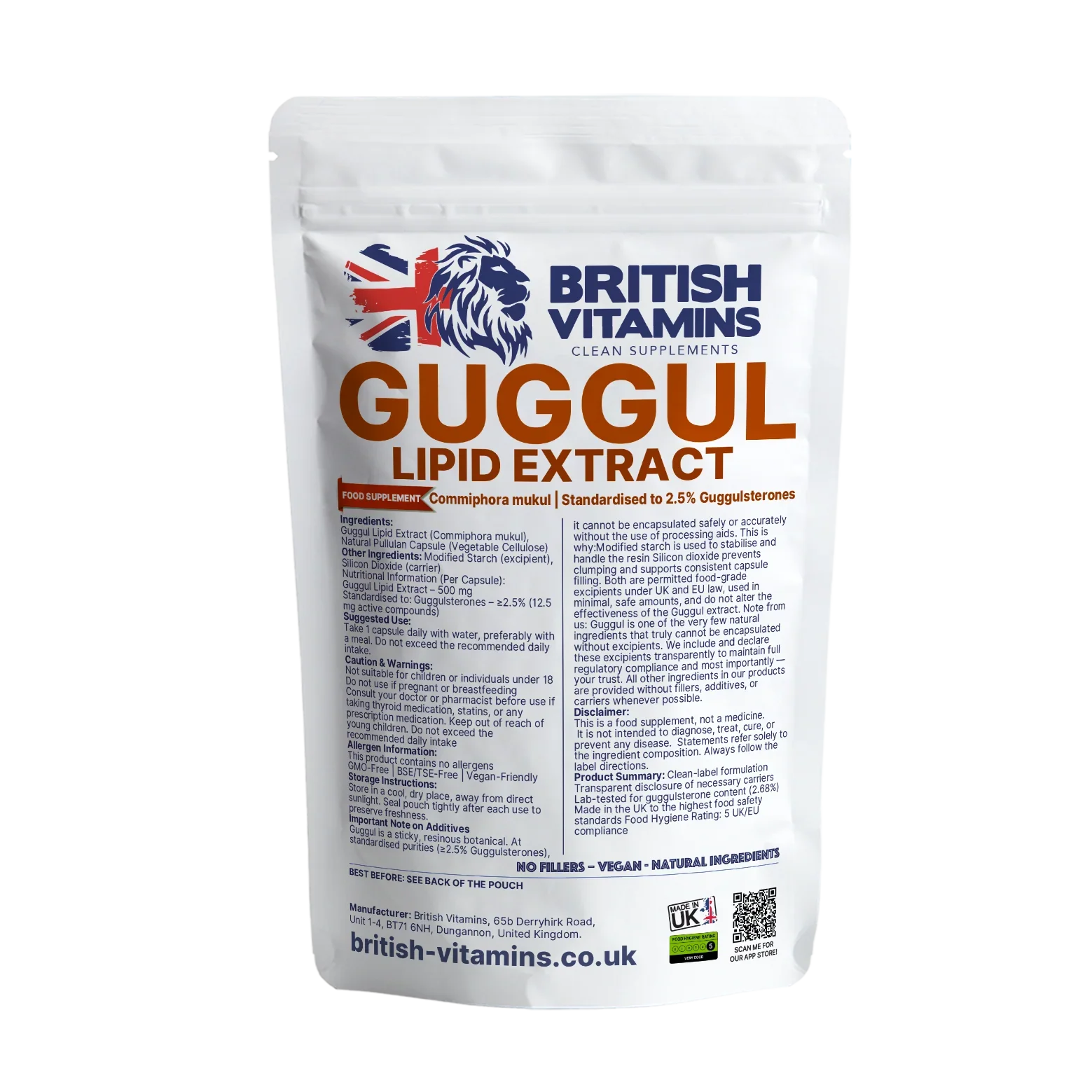 British Vitamins Guggul Lipid Extract food supplement pouch, natural ingredients, clean supplements
