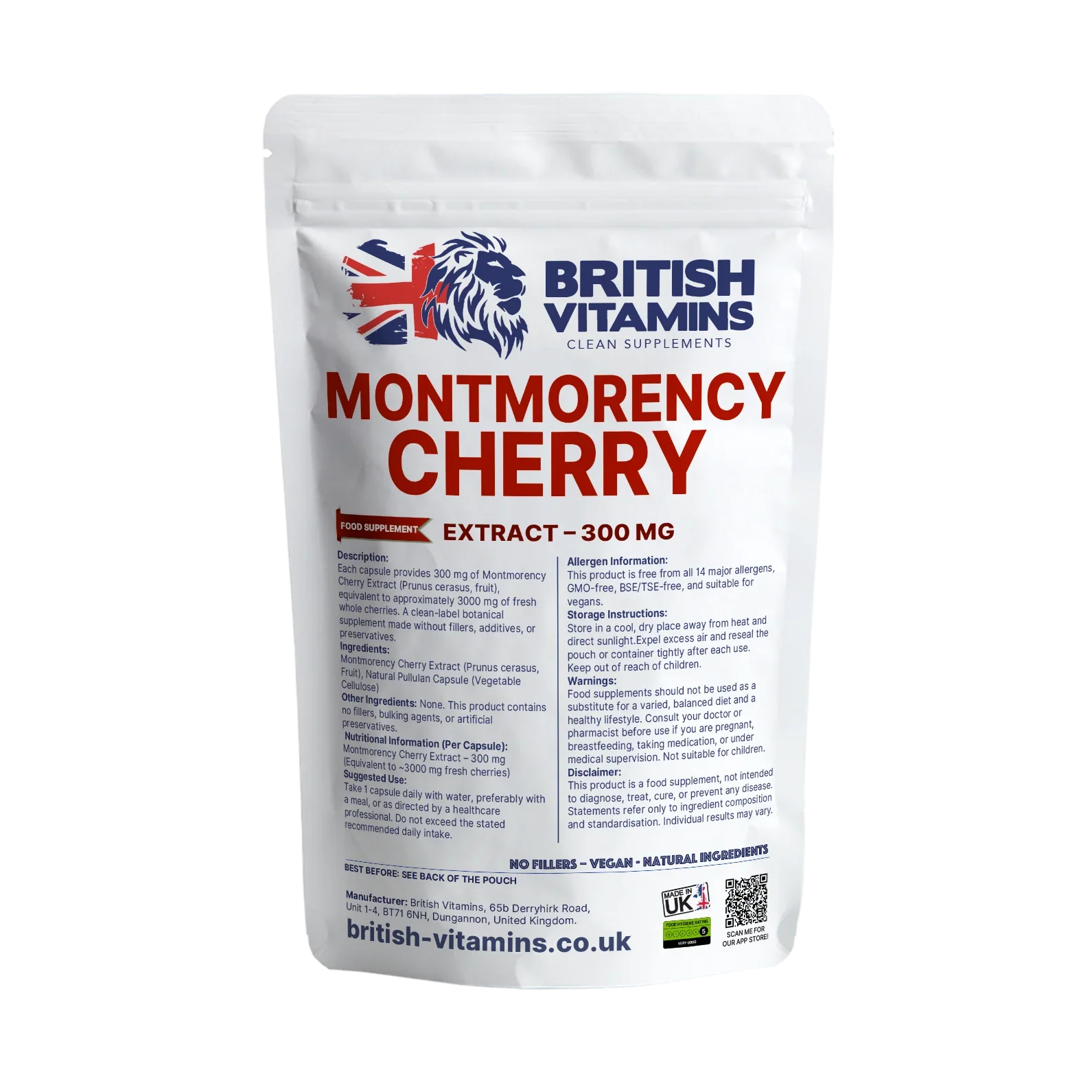 British Vitamins Montmorency Cherry Extract 300mg capsules food supplement in white resealable pouch