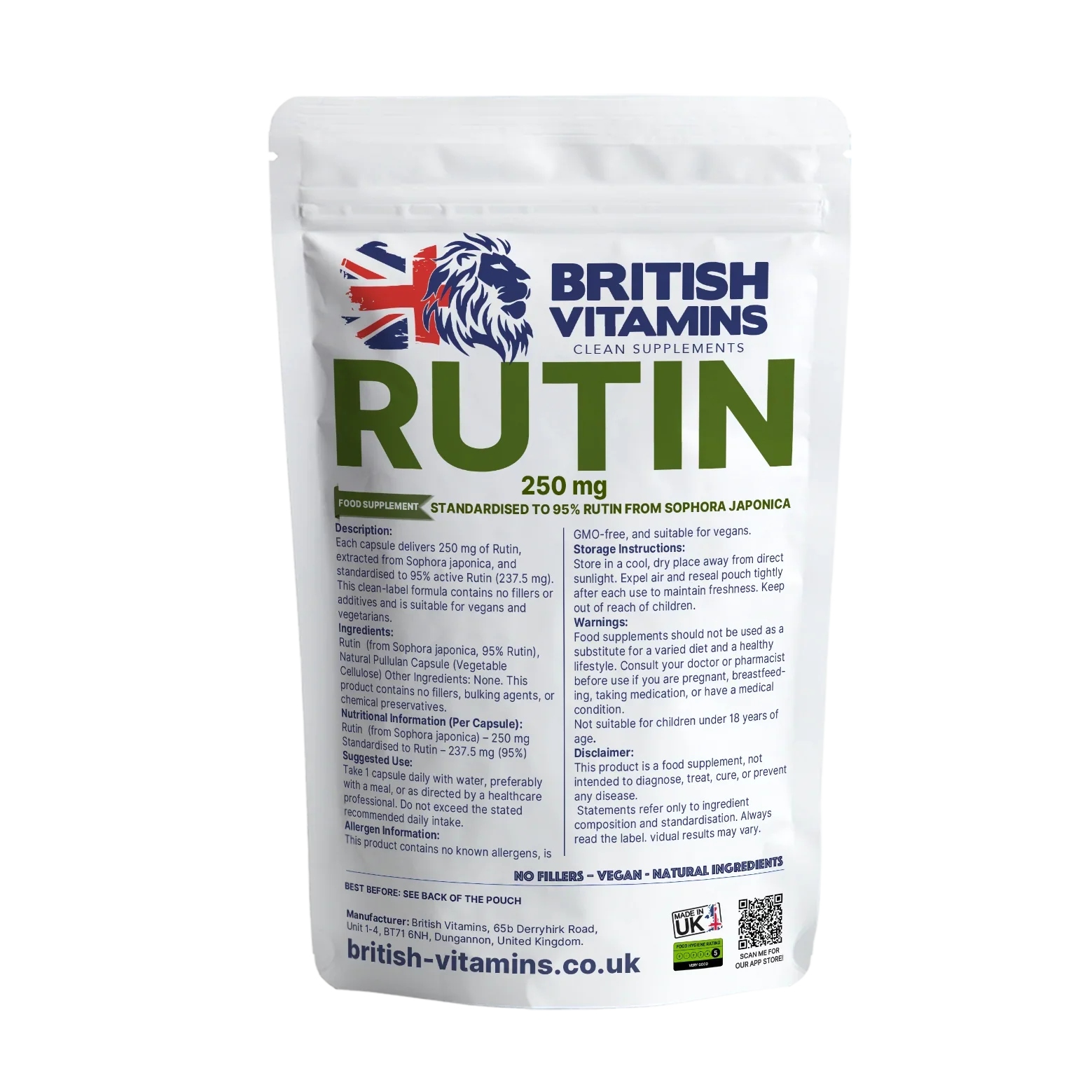 British Vitamins Rutin 250 mg food supplement capsules from Sophora Japonica, vegan natural ingredients