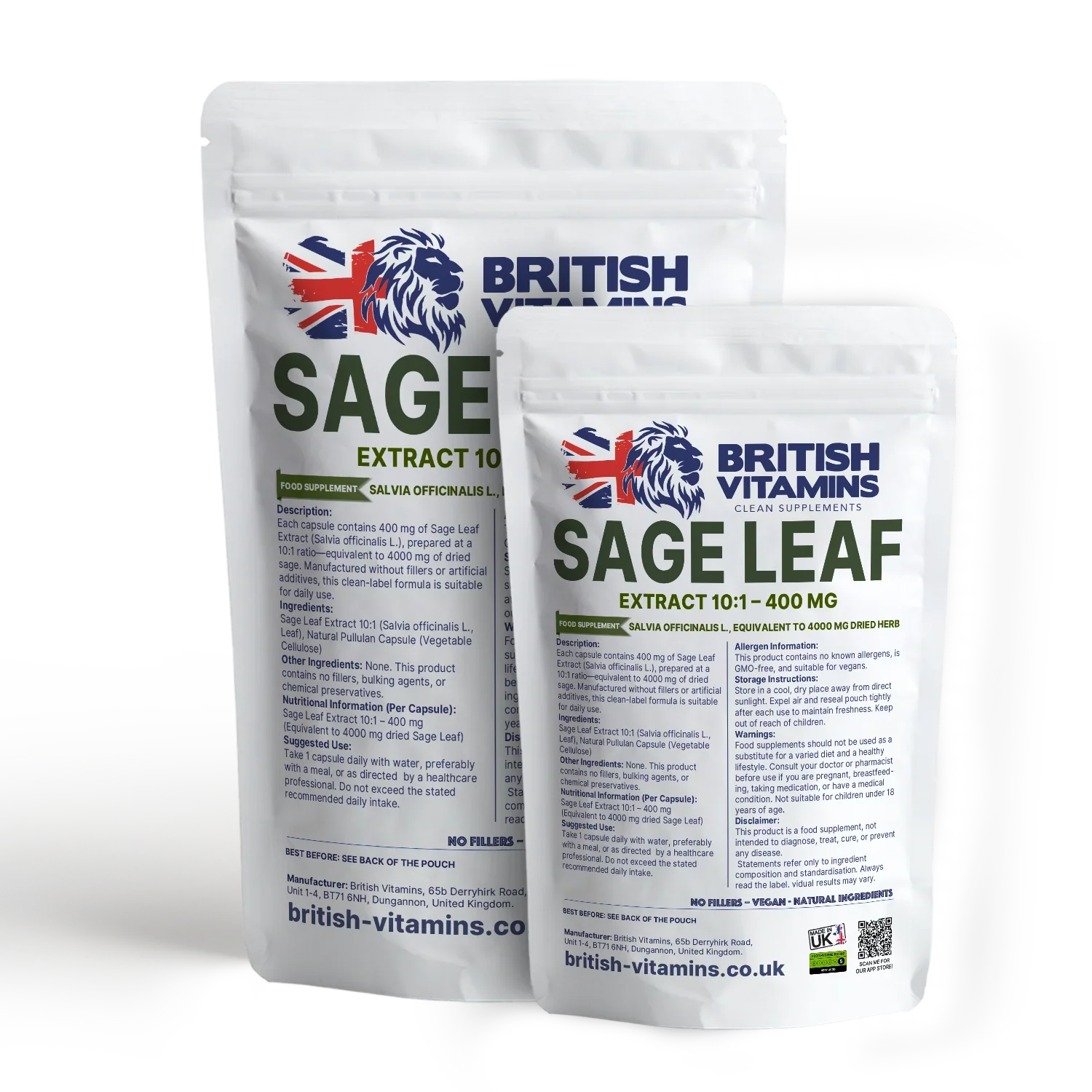British Vitamins Sage Leaf Extract 10:1 food supplement capsules in resealable pouches, herbal supplement