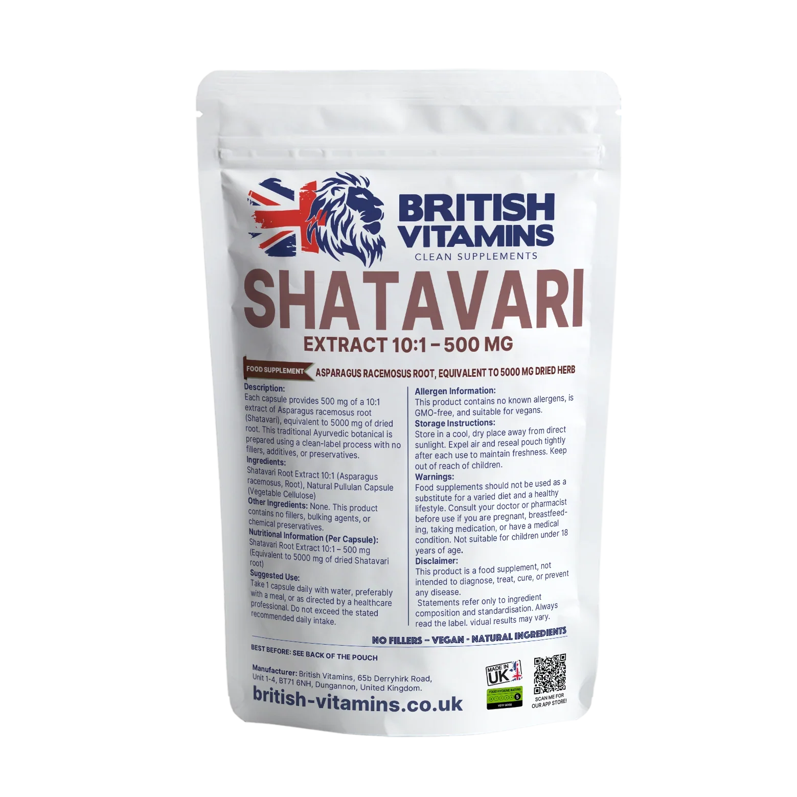 British Vitamins Shatavari root extract 500mg capsules food supplement in white pouch