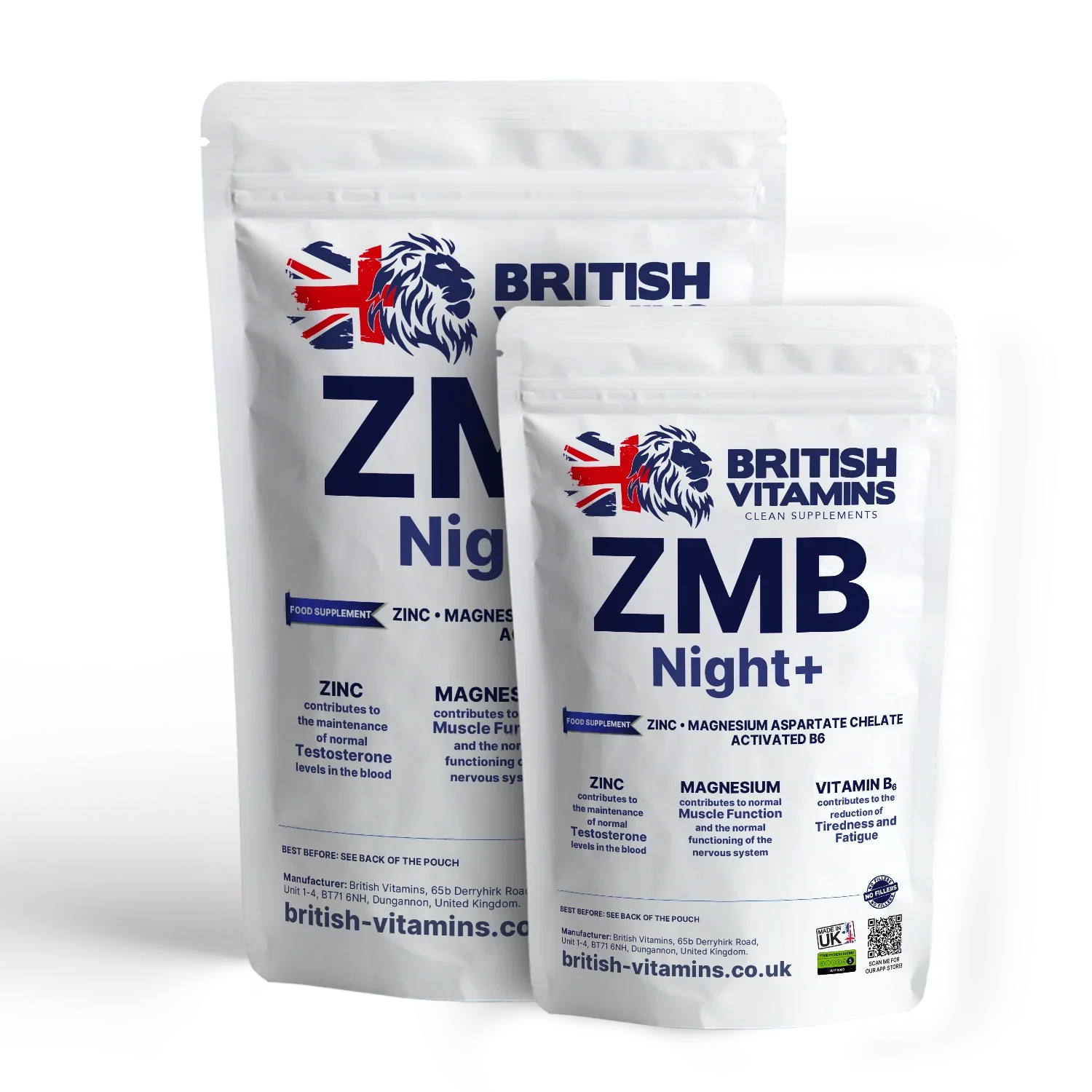 British Vitamins ZMB Night+ food supplement with zinc, magnesium, vitamin B6 in resealable pouches