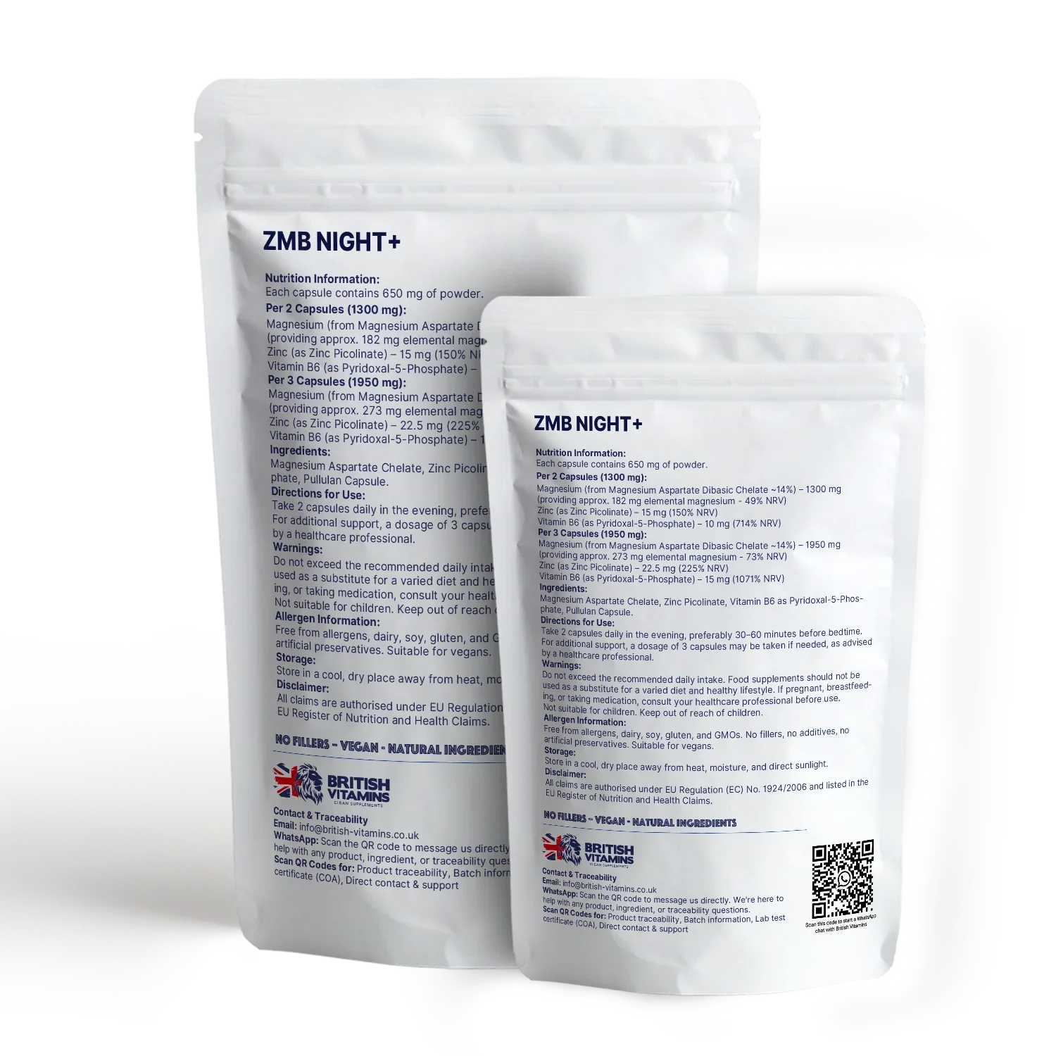 British Vitamins ZMB Night+ food supplement capsules in white resealable bags, night support vitamins
