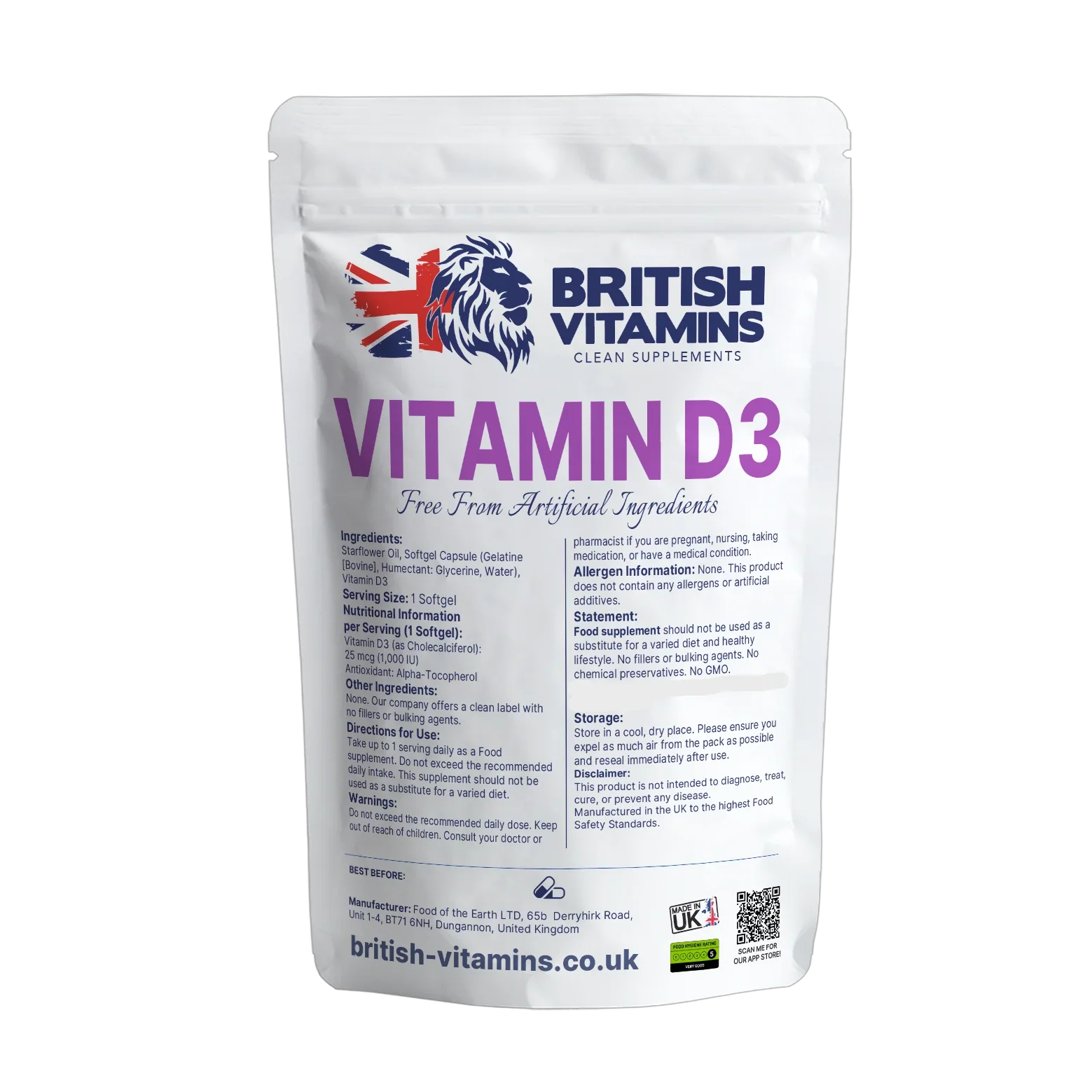 British Vitamins Vitamin D3 1000 IU softgels food supplement pouch, clean supplements category