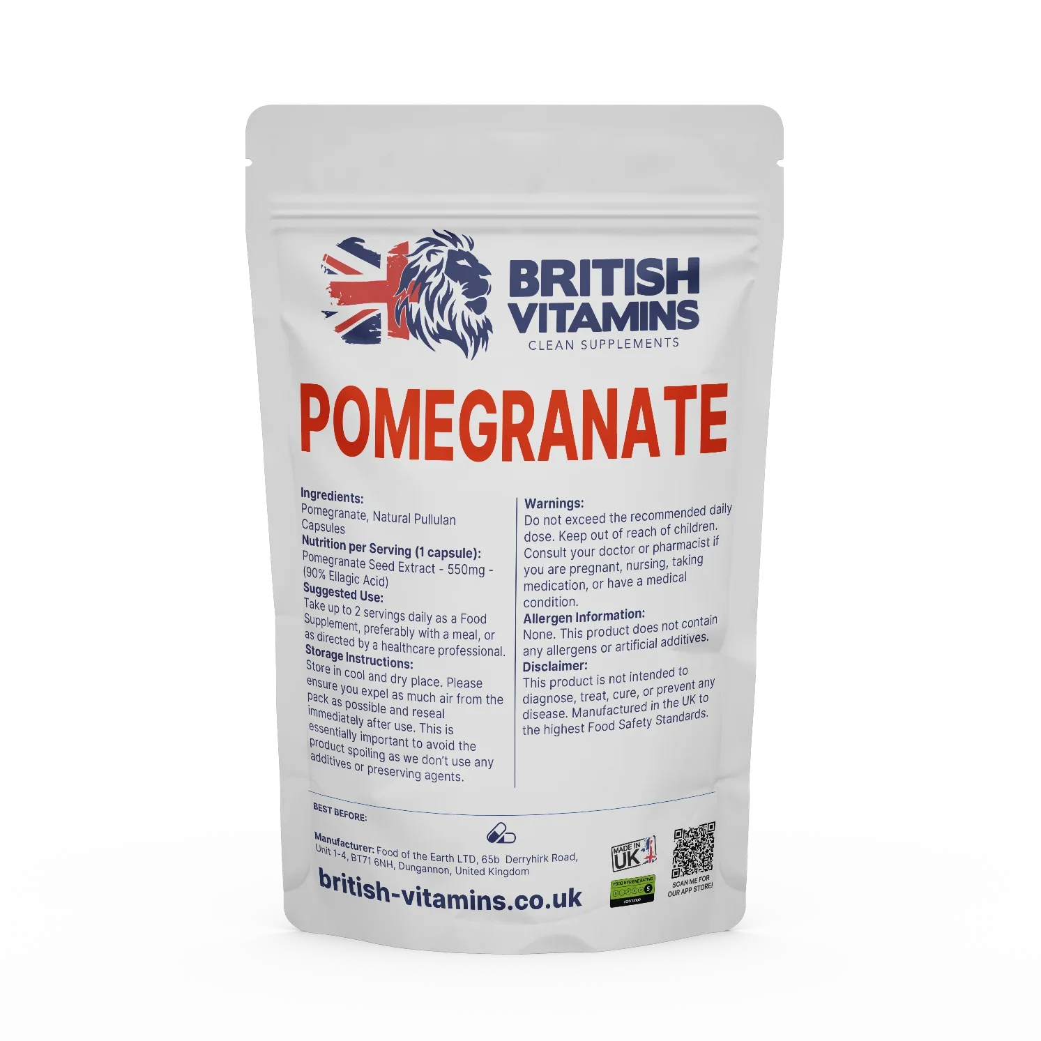 British Vitamins Pomegranate Seed Extract capsules food supplement package, clean supplements collection