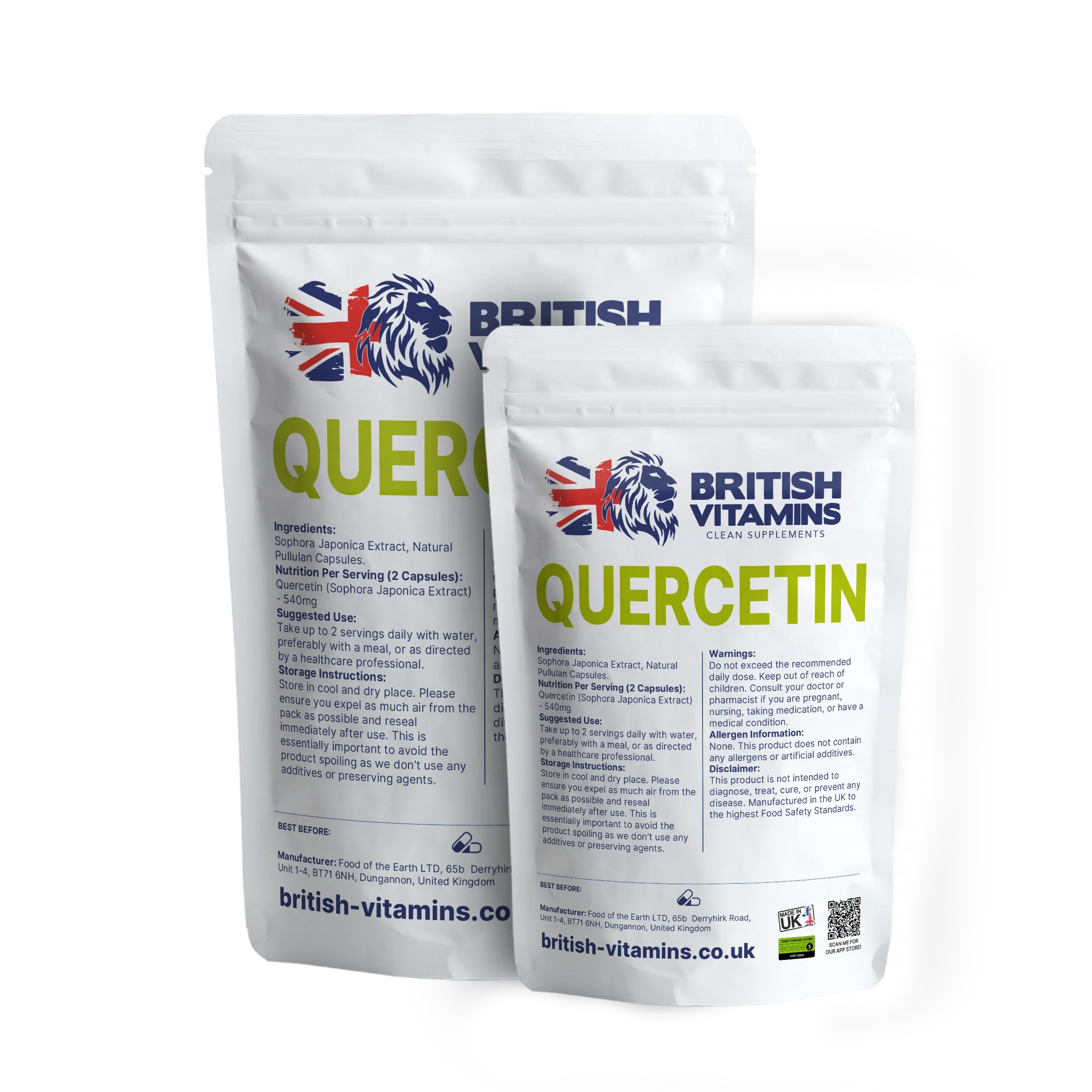 British Vitamins Quercetin food supplement capsules in resealable white pouches, herbal extract supplement collection