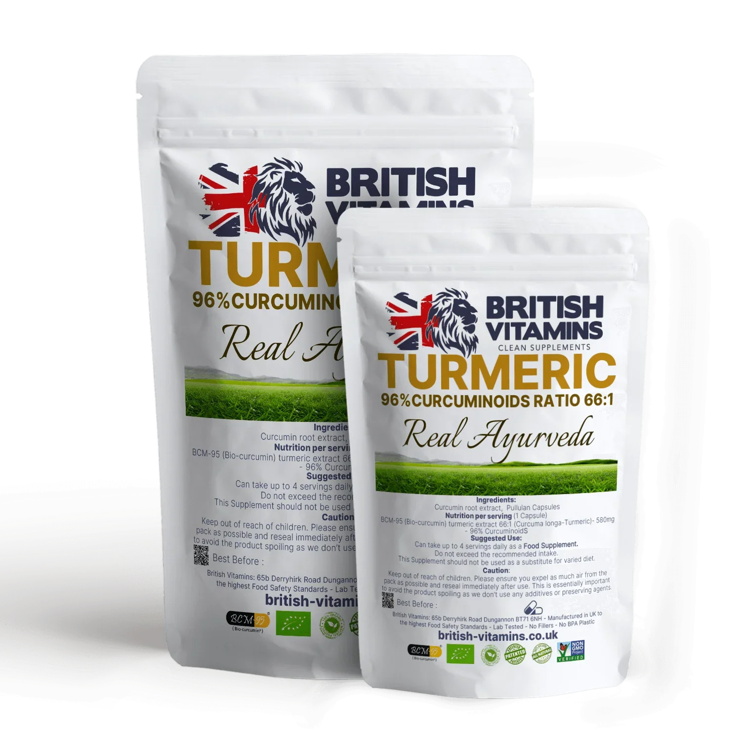 British Vitamins Turmeric 96% Curcuminoids food supplement capsules in Ayurveda collection packaging