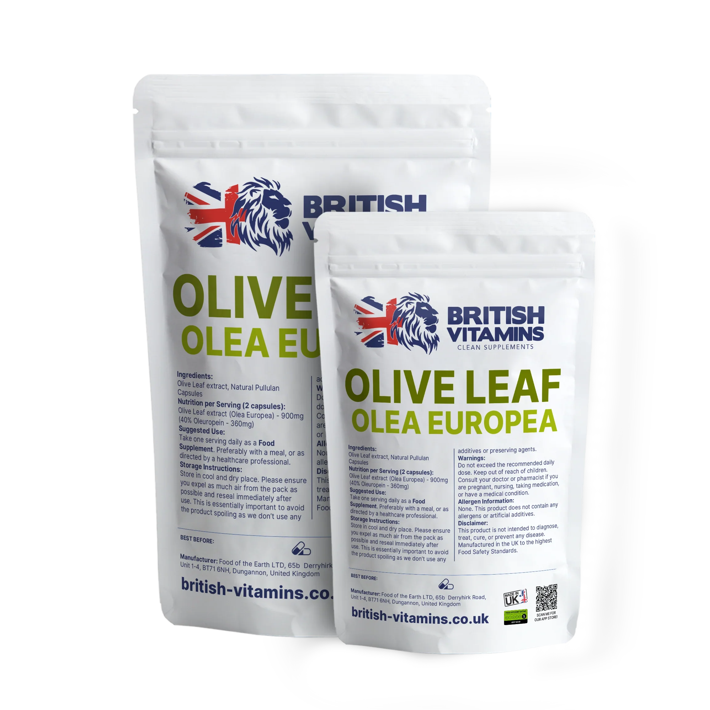 British Vitamins Olive Leaf Olea Europea food supplement pouches, natural extract capsules collection