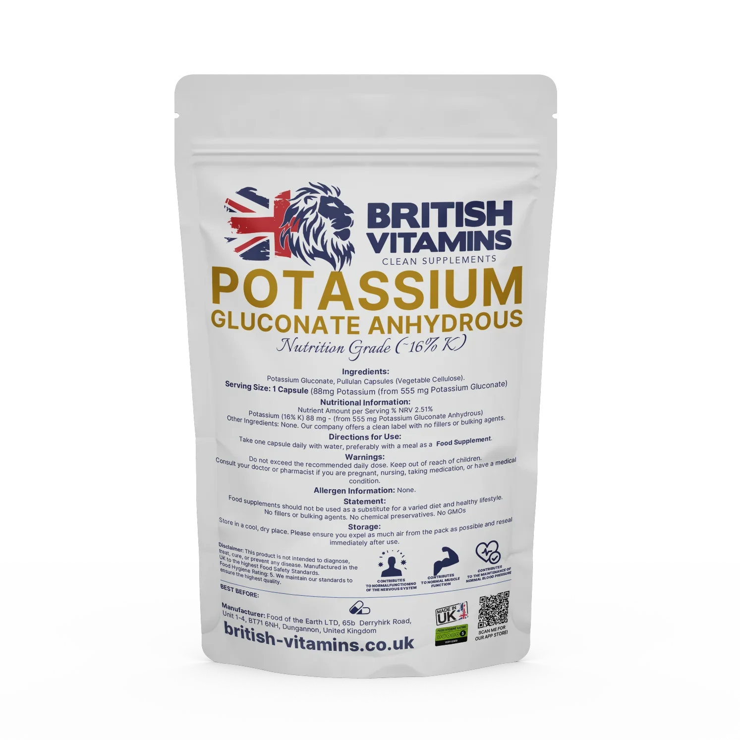 British Vitamins Potassium Gluconate Anhydrous food supplement capsules pouch from clean supplements collection