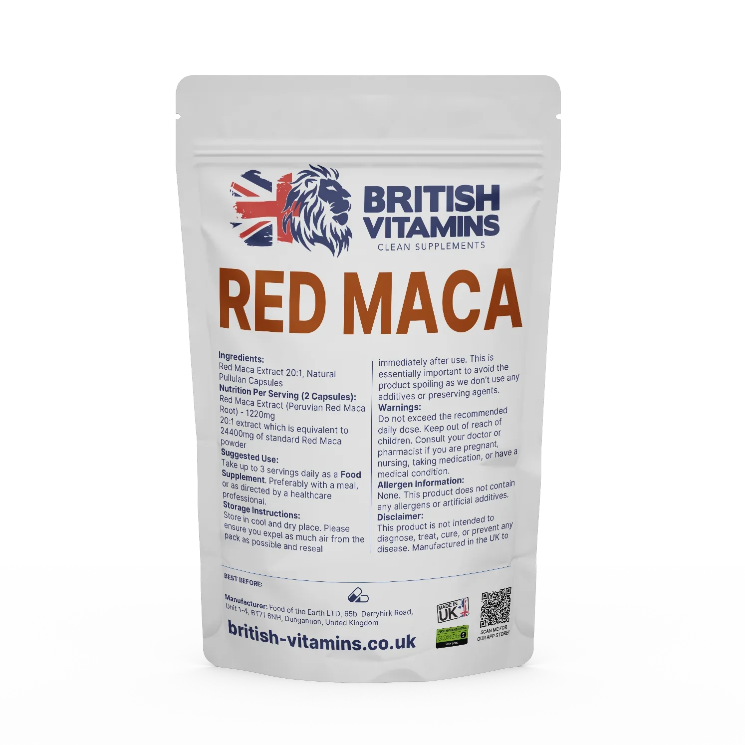 British Vitamins Red Maca capsules food supplement pouch, clean supplement for health