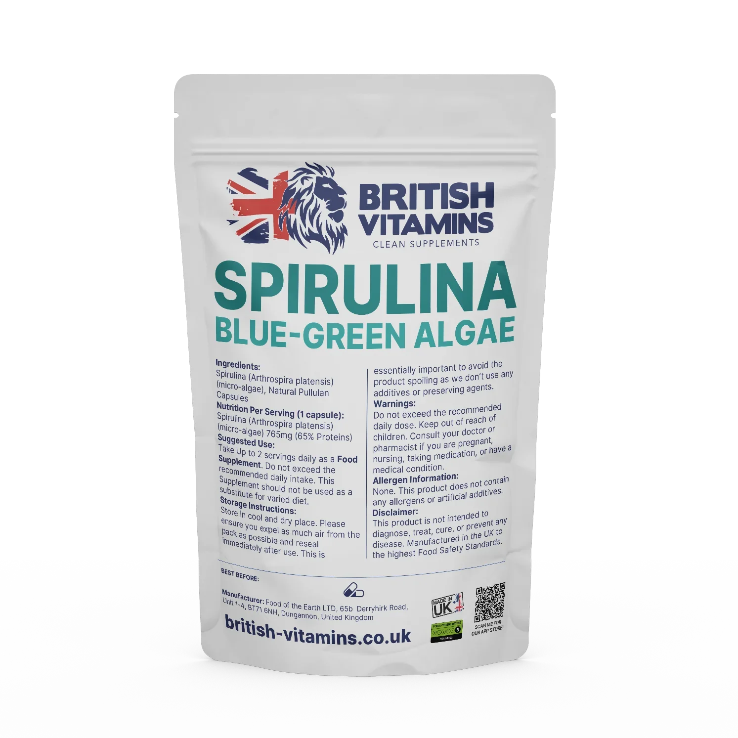 British Vitamins Spirulina Blue-Green Algae food supplement pouch from clean supplements collection