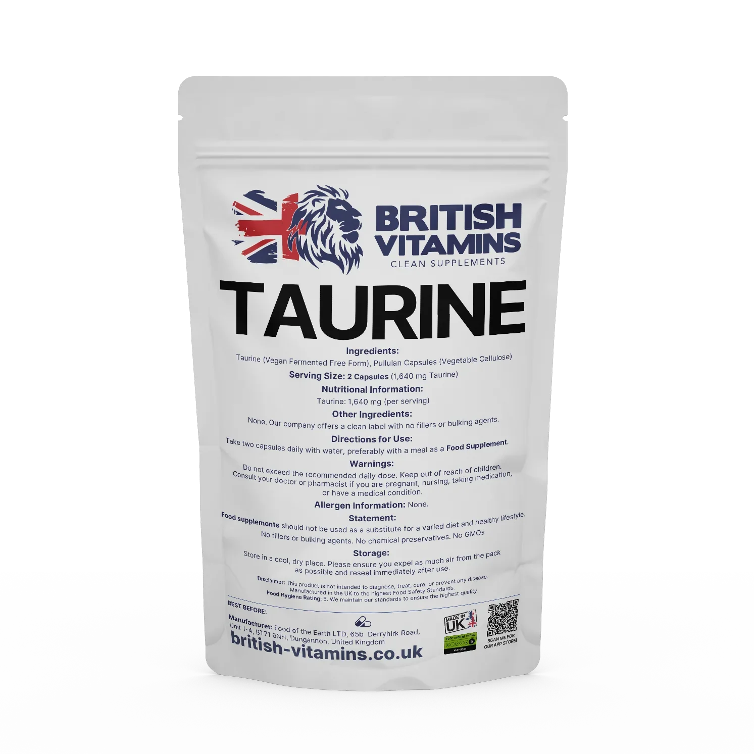 British Vitamins Taurine capsules food supplement pouch from clean supplements collection