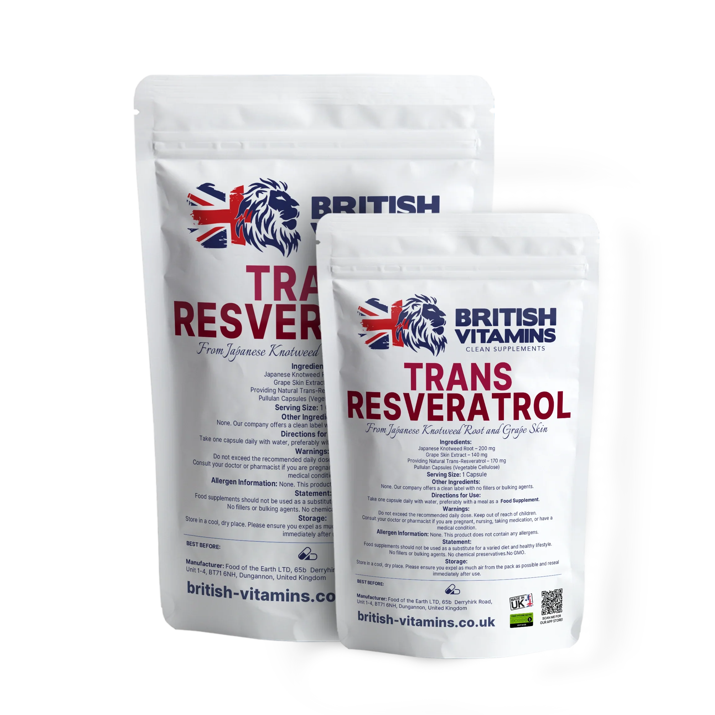 British Vitamins Trans Resveratrol food supplement pouches from Japanese Knotweed root and grape skin extract