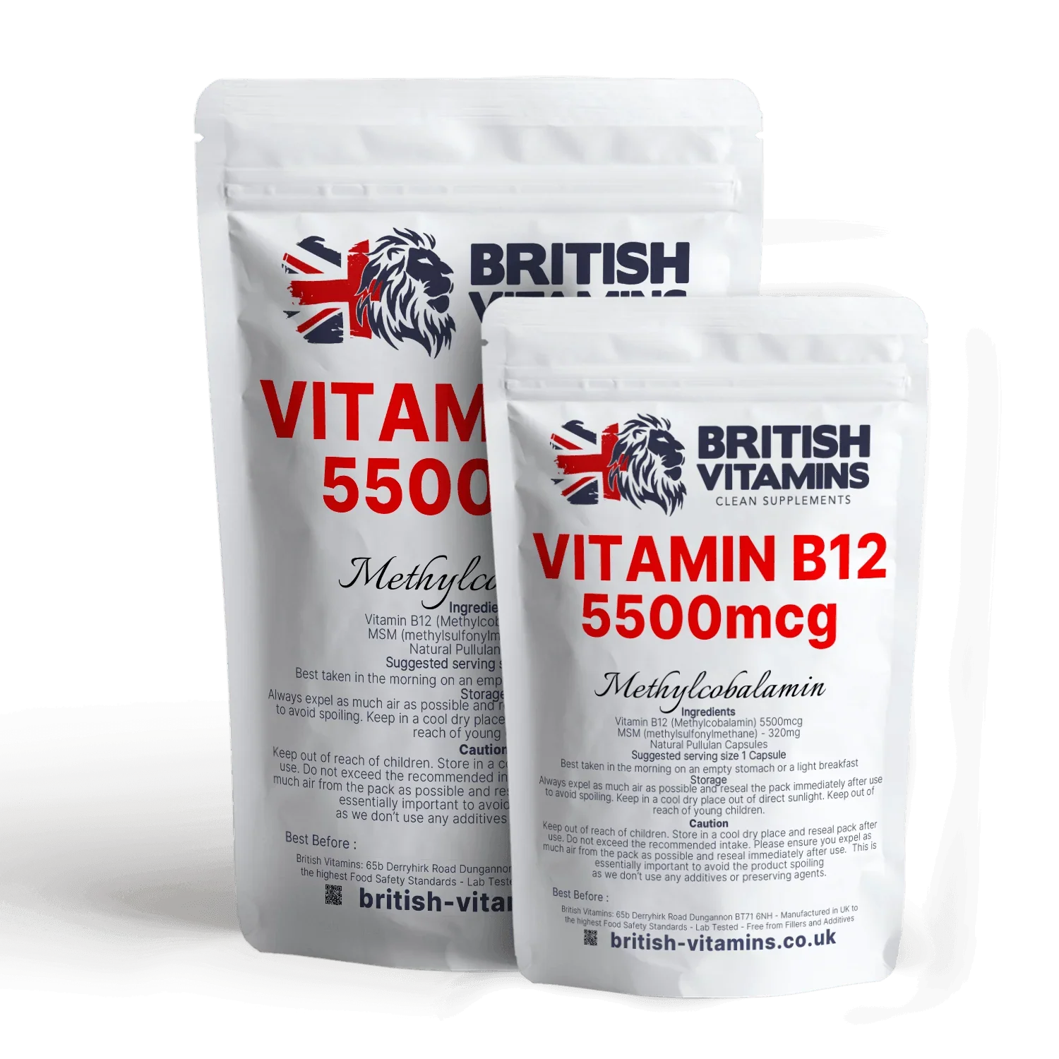 British Vitamins Vitamin B12 5500mcg Methylcobalamin food supplement capsules in resealable pouches