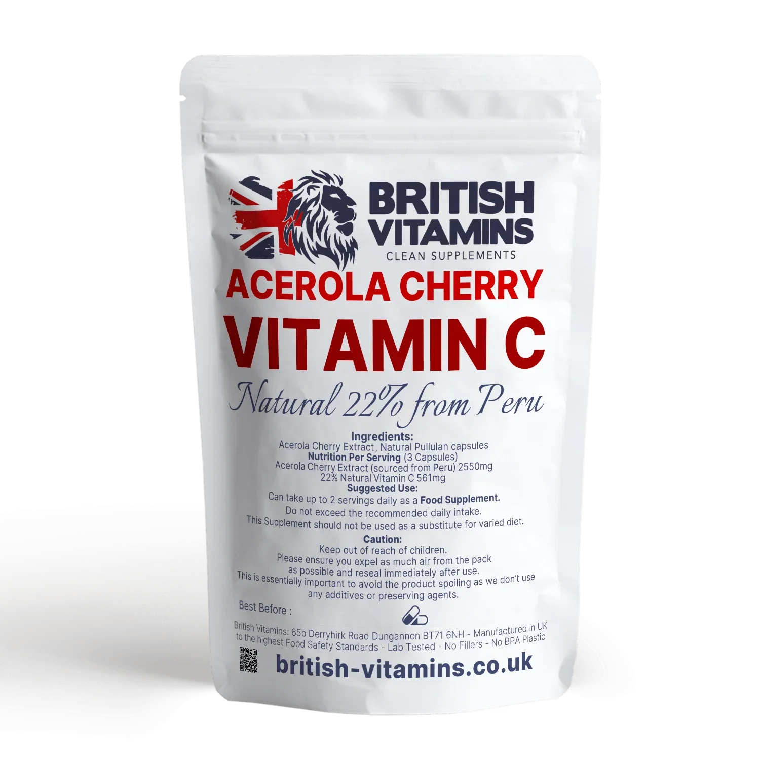 British Vitamins Acerola Cherry Vitamin C food supplement pouch with natural extract from Peru