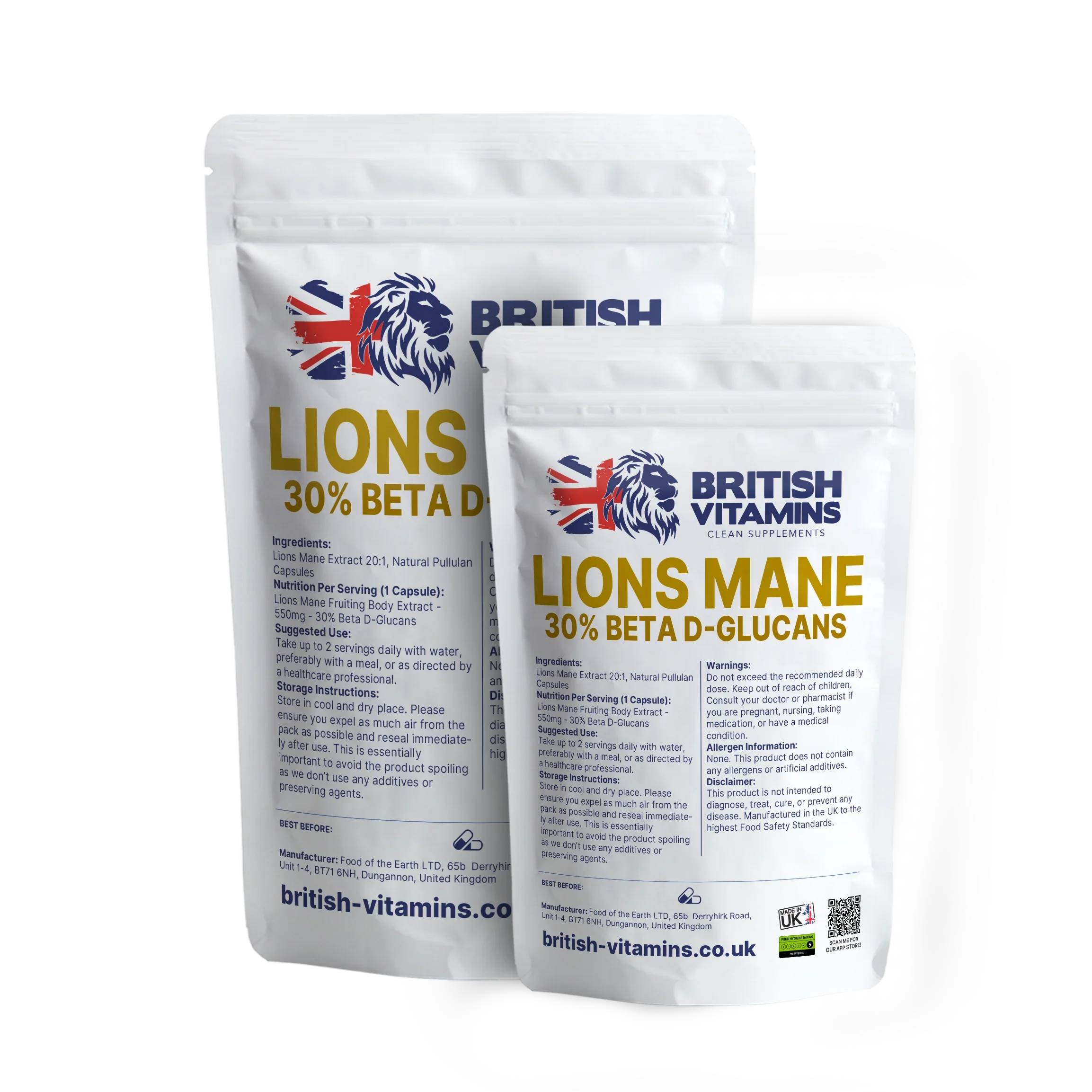 British Vitamins Lions Mane 30% Beta D-Glucans food supplement capsules in white resealable pouches