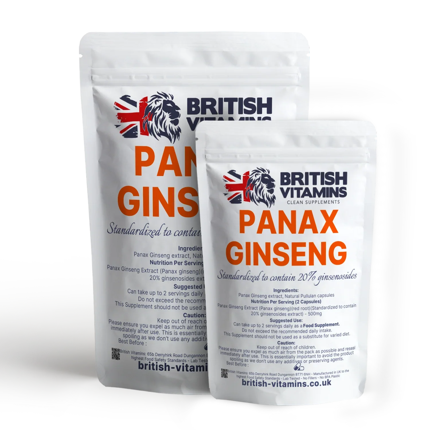 British Vitamins Panax Ginseng food supplement packaging, natural capsules, health supplements