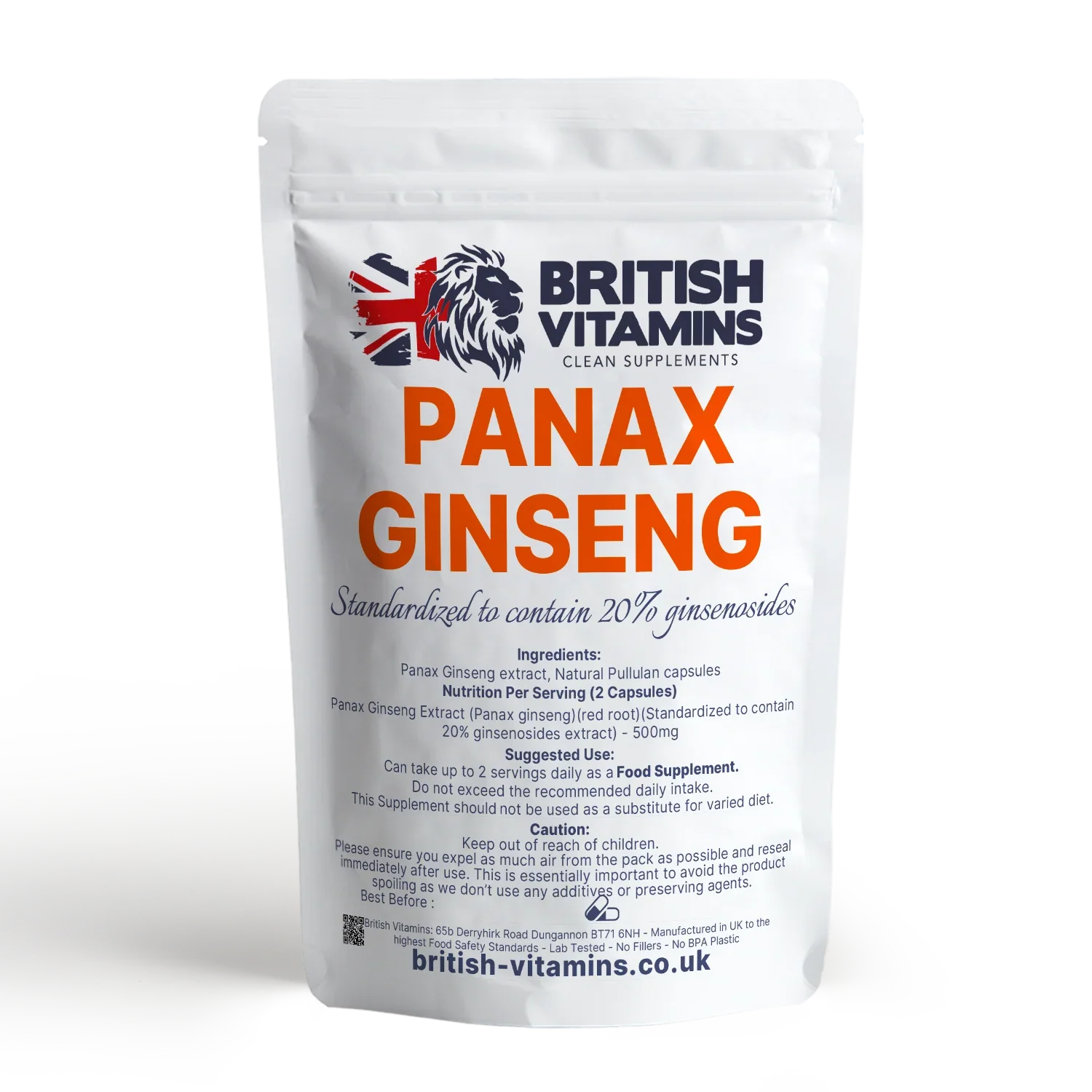 British Vitamins Panax Ginseng food supplement capsules in white resealable pouch