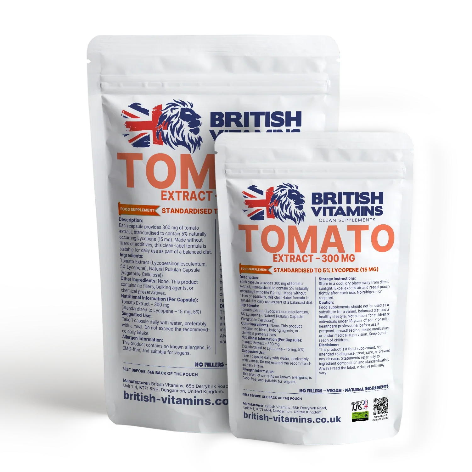 British Vitamins Tomato Extract 300mg food supplement capsules in white resealable pouches