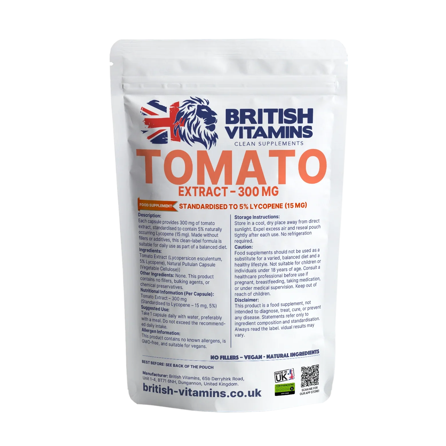 British Vitamins Tomato Extract 300mg capsule food supplement in white pouch, clean supplements collection