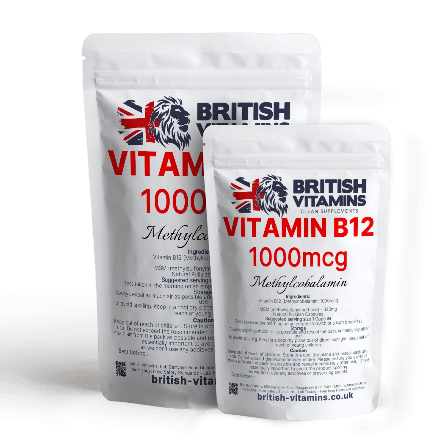 British Vitamins Vitamin B12 1000mcg methylcobalamin food supplement in white resealable pouches