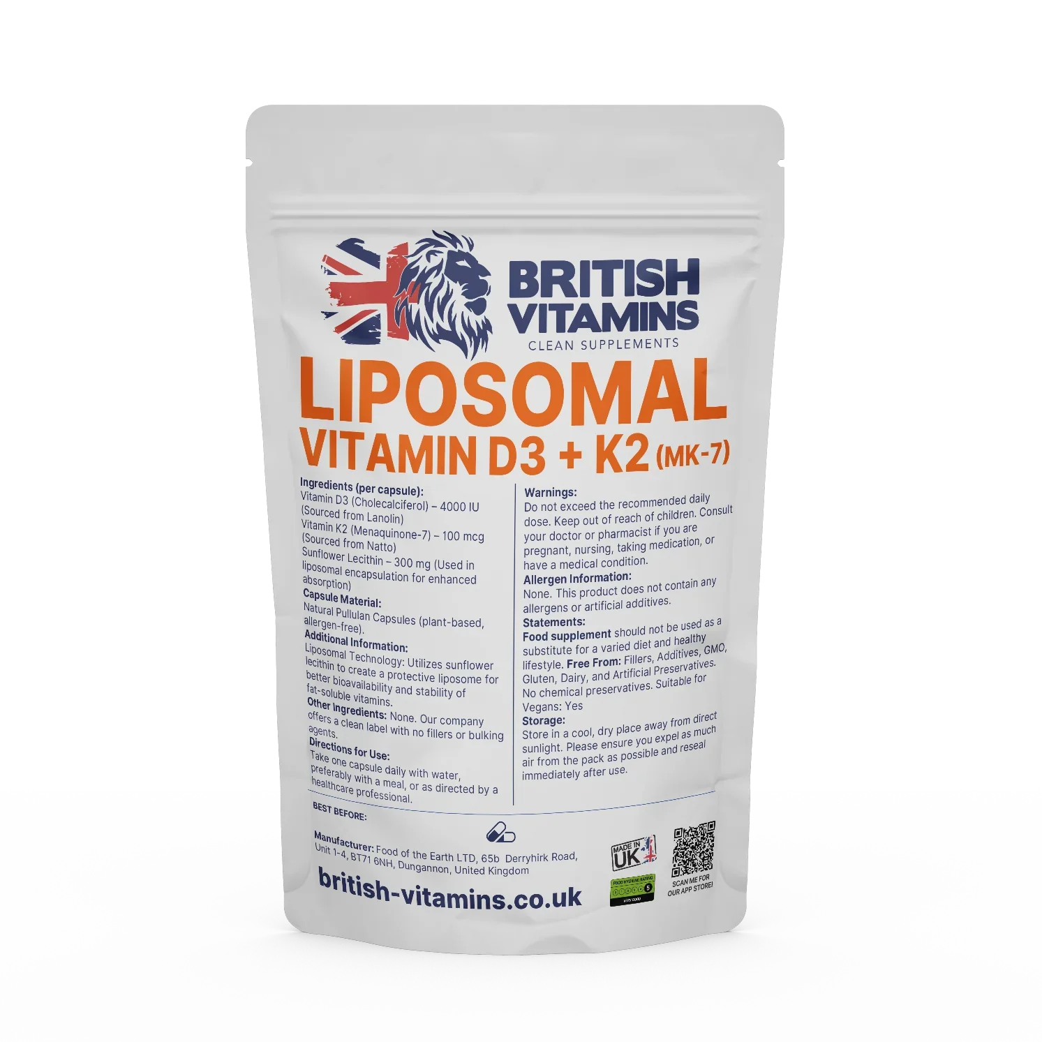 British Vitamins Liposomal Vitamin D3 + K2 MK-7 food supplement capsule pack from Clean Supplements collection