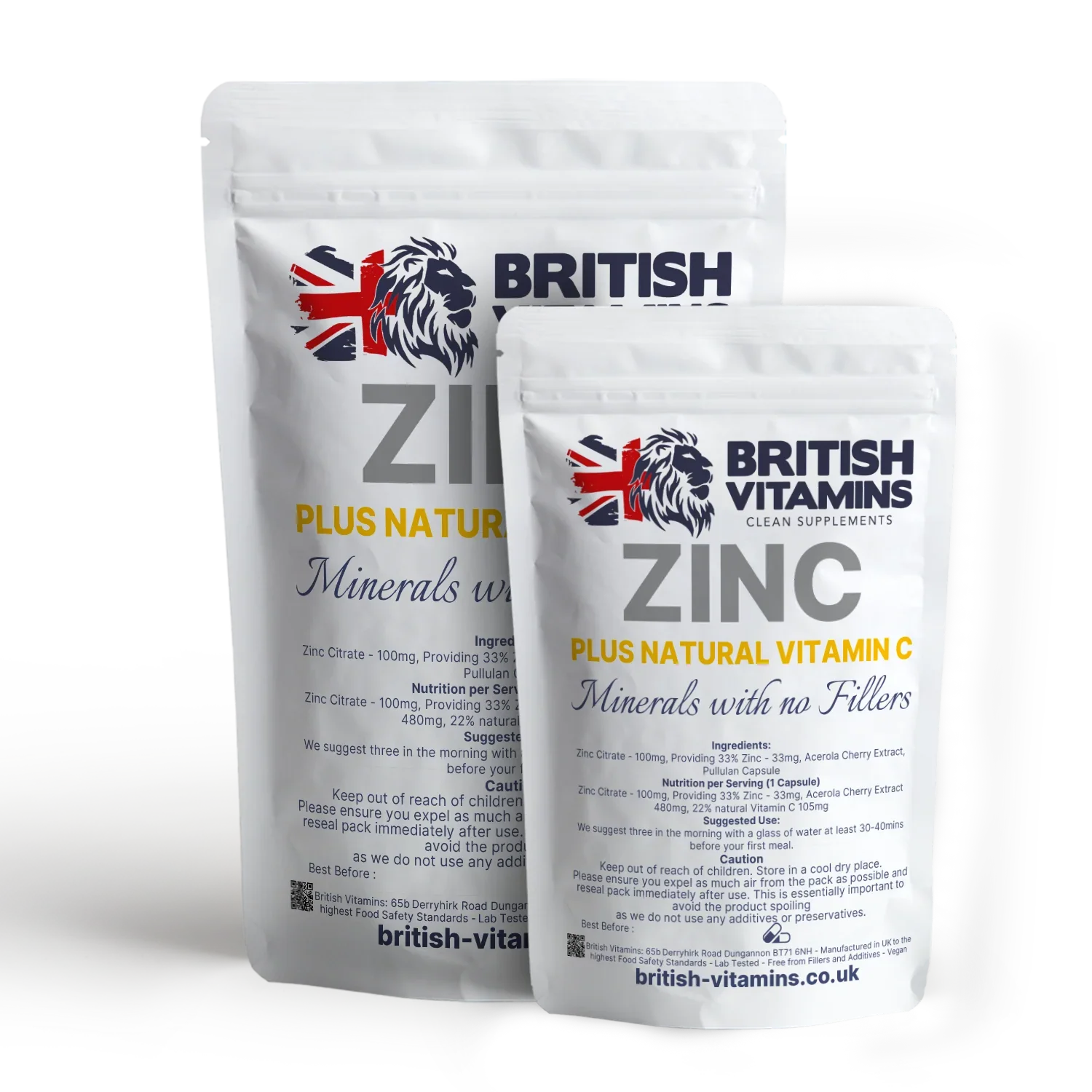 British Vitamins Zinc plus Natural Vitamin C food supplement capsules in resealable pouches