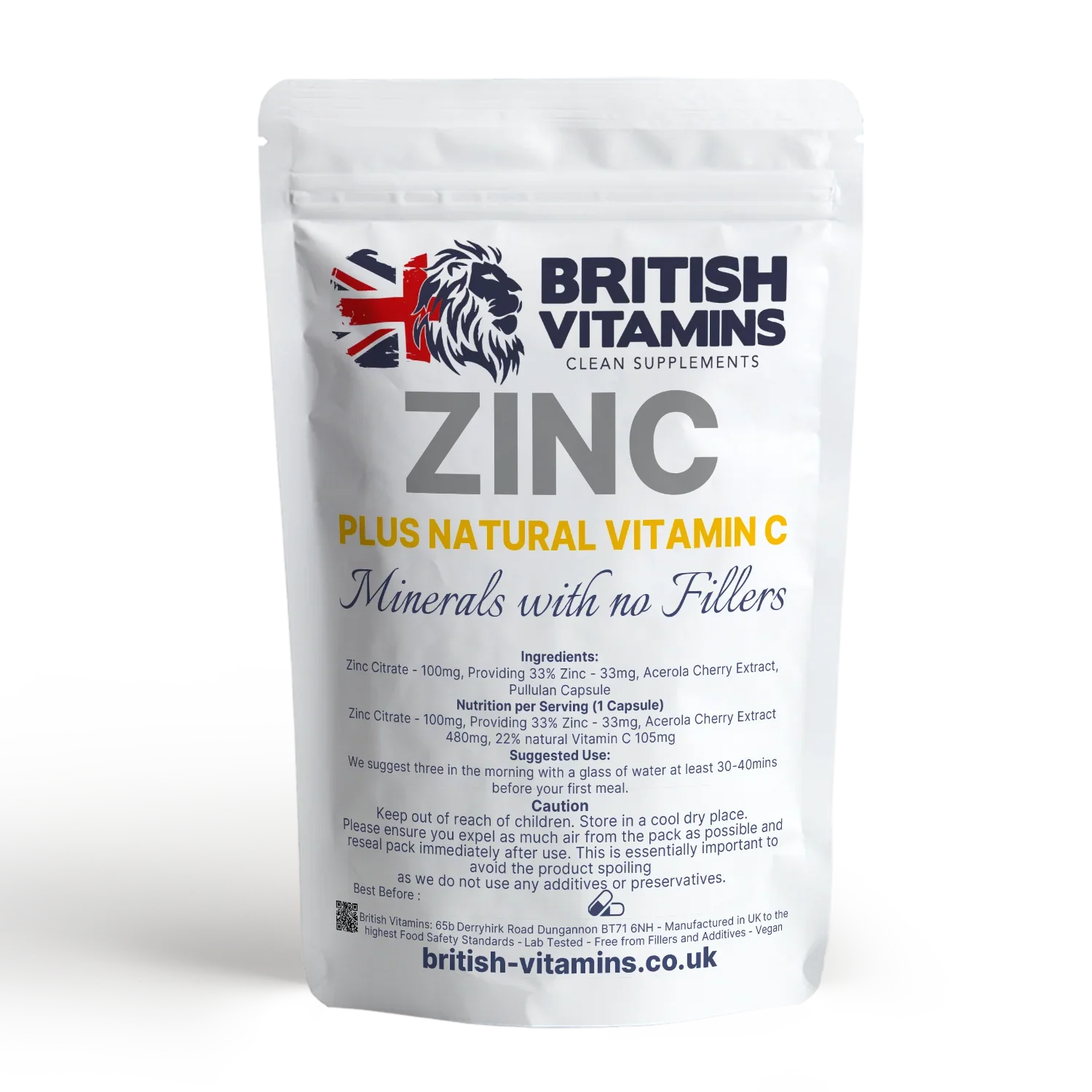 British Vitamins Zinc plus Natural Vitamin C food supplement capsule pack from clean supplements collection