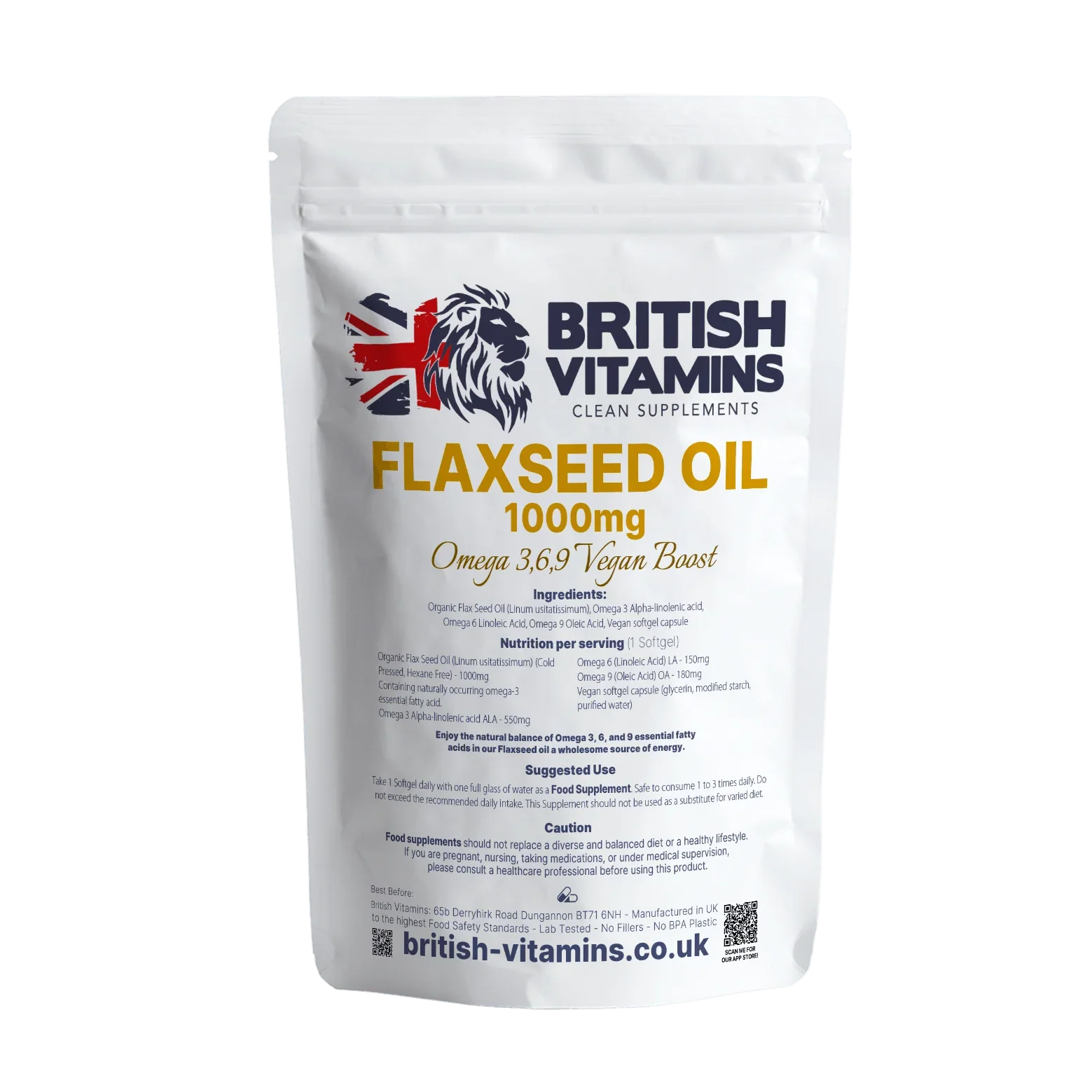 Flaxseed Oil 1000mg Omega 3, 6, 9 Food Supplement British Vitamins 60 softgels