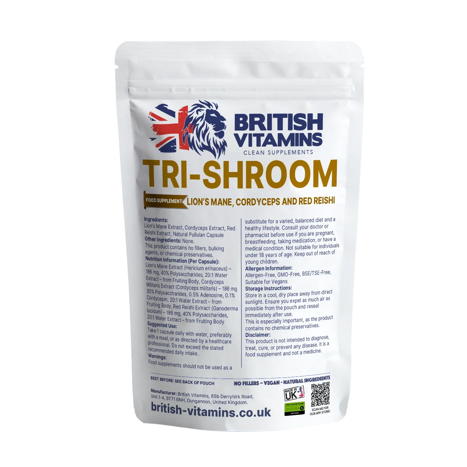 British Vitamins Tri-Shroom food supplement pouch with Lion's Mane, Cordyceps, Red Reishi mushroom complex